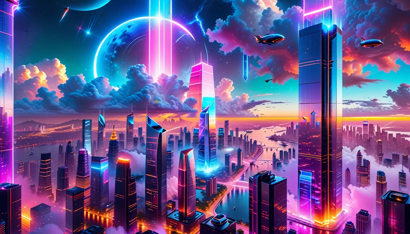 A Masterpiece In 32K Resolution, Supreme Quality, Super Detail, Official Art, Very High-Resolution 32K Wallpaper, Futuristic And Transcendent, Ultra-Detailed Features, Urban Dreamscape. Skyscrapers With Iridescent Surfaces Tower Above A Bustling City, Bathed In Neon Lights And Holographic Displays. Hovering Vehicles Glide Through The Air, While Lush Rooftop Gardens Add A Touch Of Nature To The Urban Landscape. A Radiant Moon Hangs Low In The Sky, Casting A Soft Glow On The Vibrant Streets Below.