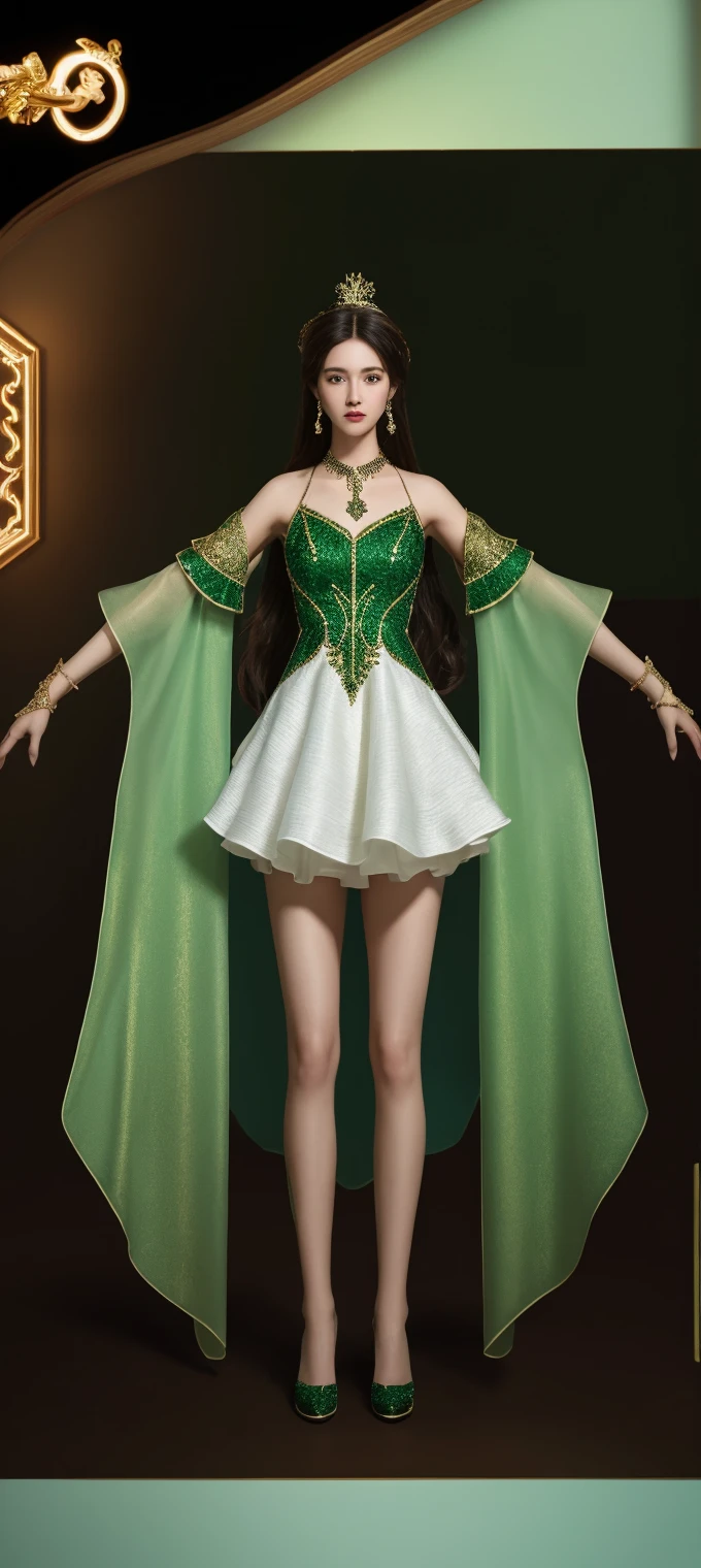 light green necklace,Light green leather jacket and skirt,Gold trim,masterpiece,extremely high detail