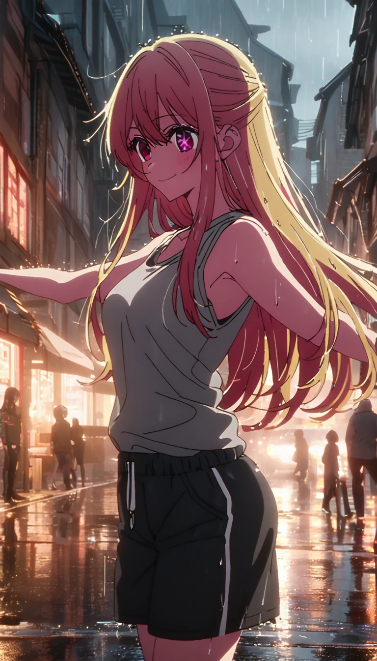 best quality, ultra-detailed, high resolution, 8K, ruby hoshino, long hair, bangs, blonde hair, pink eyes, sidelocks, symbol-shaped pupils, multicolored hair, two-tone hair, star-shaped pupils, medium breasts, happy smile, raised arms, gray tanktop, short pants, strings pants, legs, town, rain, wet, solo, lighting, full-body shot, from side, detailed clothes,