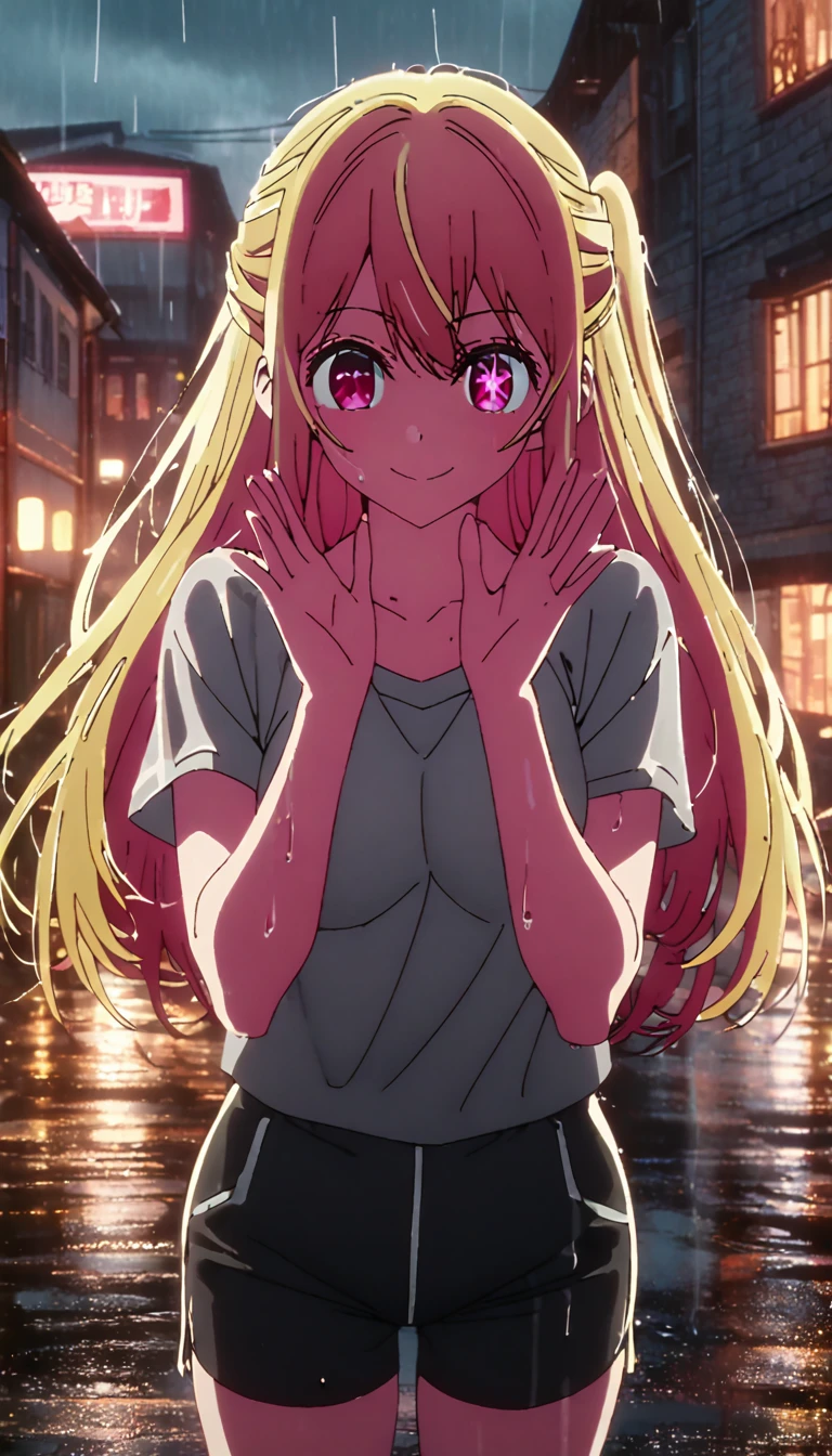 best quality, ultra-detailed, high resolution, 8K, ruby hoshino, long hair, bangs, blonde hair, pink eyes, sidelocks, symbol-shaped pupils, multicolored hair, two-tone hair, star-shaped pupils, medium breasts, happy smile, raised arms, gray tanktop, short pants, strings pants, legs, hug gesture, town, rain, wet, solo, lighting, full-body shot, from front, pov, detailed clothes,