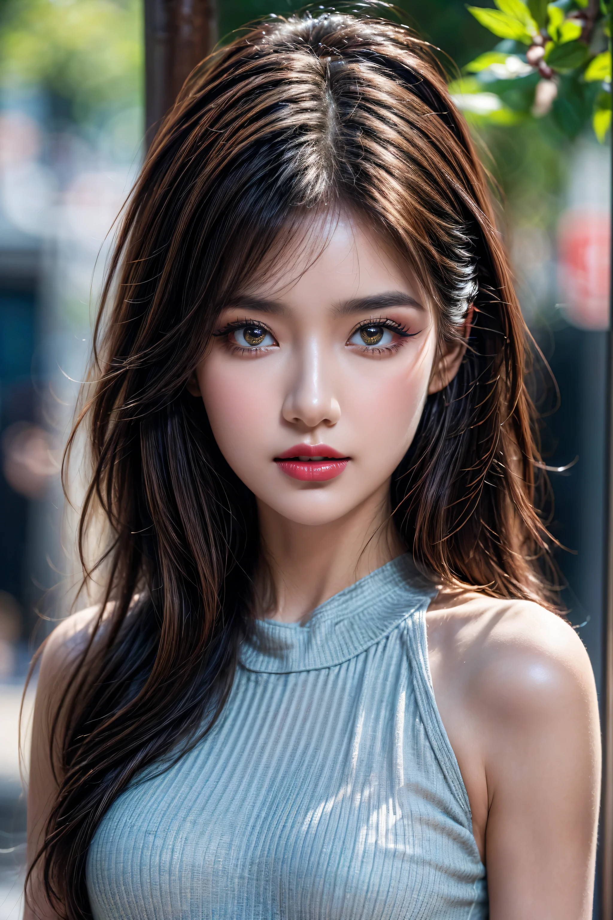 A woman with long hair and a blue top posing for a picture - SeaArt AI