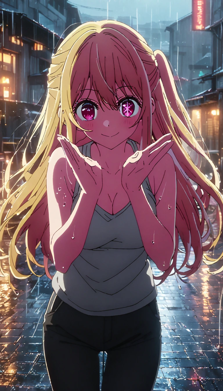 best quality, ultra-detailed, high resolution, 8K, ruby hoshino, long hair, bangs, blonde hair, pink eyes, sidelocks, symbol-shaped pupils, multicolored hair, two-tone hair, star-shaped pupils, medium breasts, cleavage, happy smile, raised arms, gray tanktop, short pants, strings pants, legs, hug gesture, town, rain, wet, solo, lighting, full-body shot, from front, pov, detailed clothes,