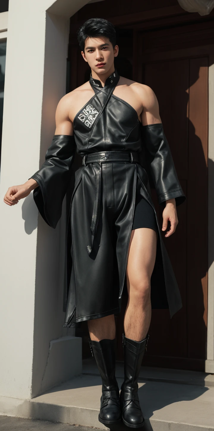 Korean youth, 1 boy, white skin, fine skin, 1 boy, (((real)), abs, good quality of lighting, muscle veins, (((pale skin)), soccer player, (masterpiece, super high quality, high definition, 8k, complex: 1.2), (more face: 1.2), handsome, black tank top, bulge, 1 boy, solo, watching viewer, eye balance, (((from below))), kitchen, (eye contact),