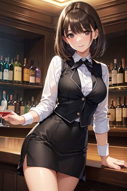 top-quality: 1.3)、(​masterpiece: 1.3)、(The ultra-detailliert: 1.3)、(wall-paper, one girls)、bunnygirl、(Black Rabbit Girl Leotard:1.3)、(Brown pantyhose:1.3)、Red bow tie、(Brown hair:1.3)、Bunny Girl Black Headband、Medium Hair、short-hair、(Beautiful Large Breasts:1.3)、Luxurious living room、A big smile、sexypose、is standing、a bar counter、Sit on a small round chair in front of the bar counter、Blushing、Drinking alcohol、Drunk