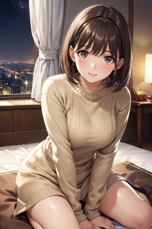 {{masterpiece,best quality,absurdres}} ((solo.1girl))((upper body))(anegasaki nene)((He lies down on the bed in his room and snuggles up to me(lying))),(((Off-the-shoulder sweater dresses))),While looking here、Smiling shyly(blush)、(big breasts)、hi-school girl