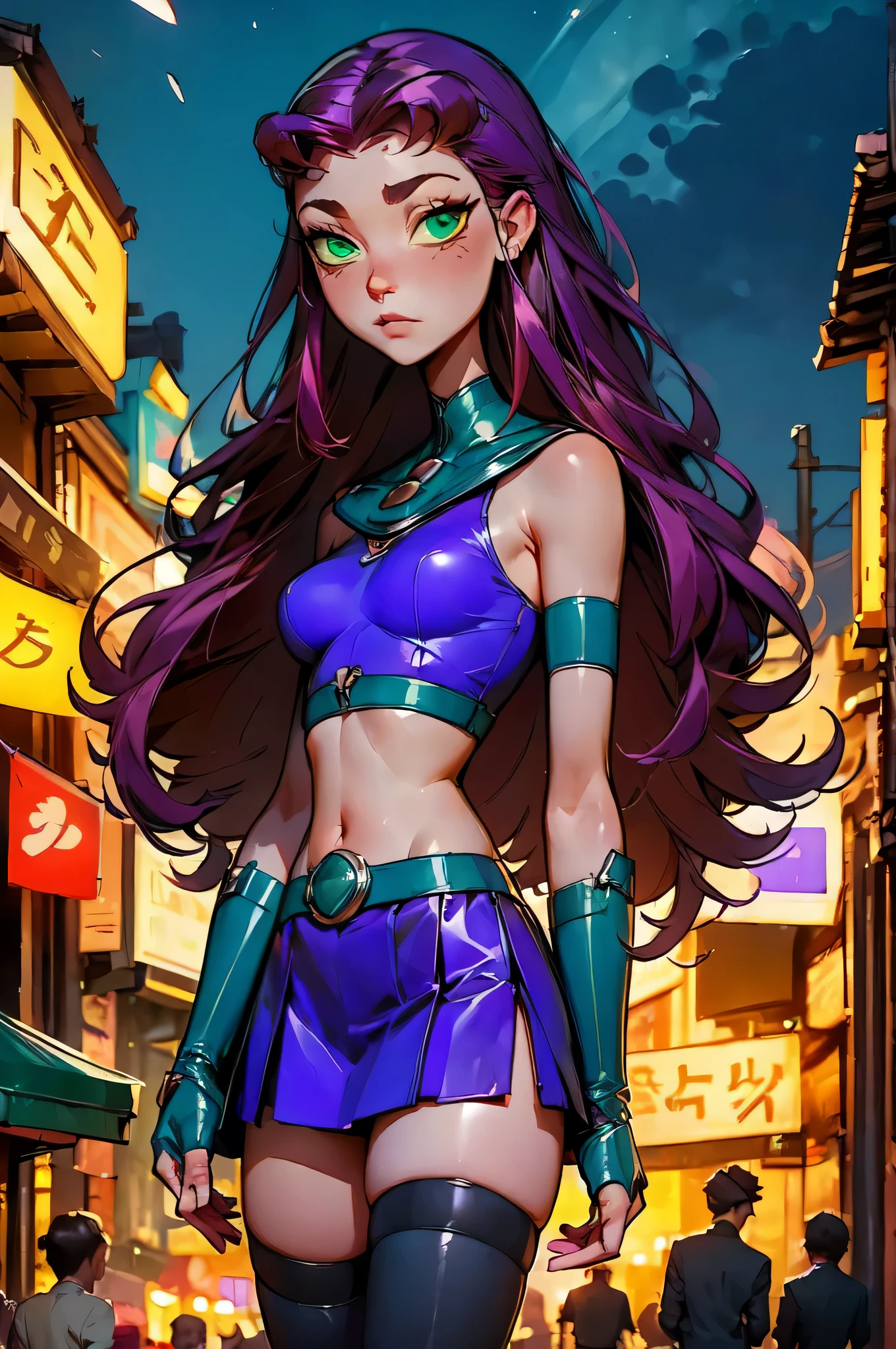 starfire, green eyes, long red hair, black skin, purple crop top, sleeveless, bare shoulders, purple skirt, purple thighhighs, armlet, gloves, looking at viewer, serious, standing, outside, market, night time, high quality, masterpiece 