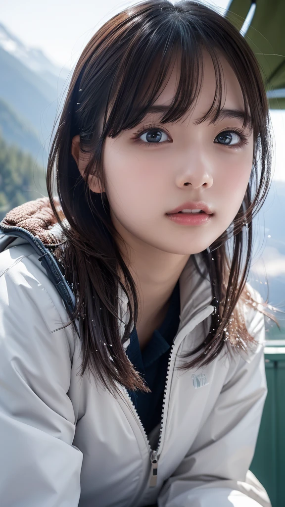 ((masterpiece, Best Quality, High resolution)), Cute Japanese high school girl、(Realistic: 1.4), excited、A beautiful and cute face、Shut your mouth.、Closed Mouth、Glossy wet lips、Age 15, ponytail、(Beautiful Hair:1.5), White puffer down jacket、Very short mini skirt、Beautiful slim body、Beautiful thighs、Beautiful legs、Snowstorm in the snowy mountains、sitting in a tent、Angle from the front、Gazing at each other、Smooth, Highly detailed CG composite 8K wallpaper, High resolutionのRAWカラー写真, Professional photography, Light, BackLight, Impressive, Written boundary depth, (Face close-up:1.5)