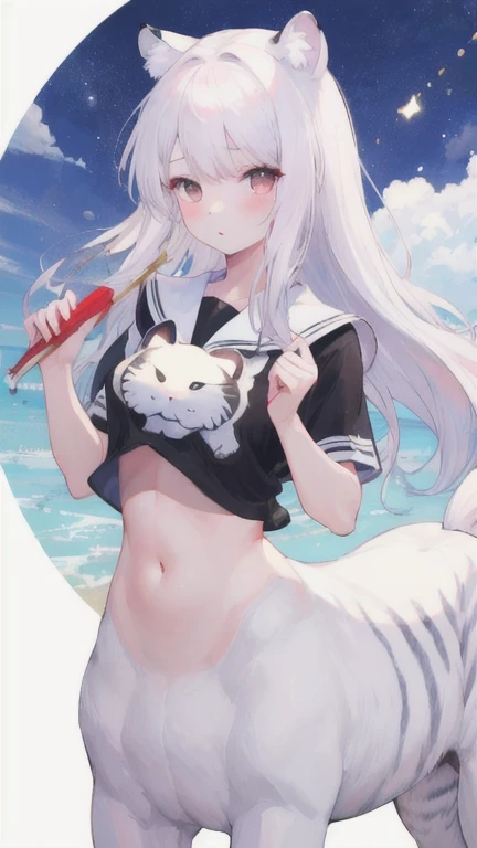 (best quality, masterpiece), 1 girl, centaur, It takes, dressed,belly button t-shirt, 아름다운 소녀 perfect white tiger photo, perfect white tiger photo