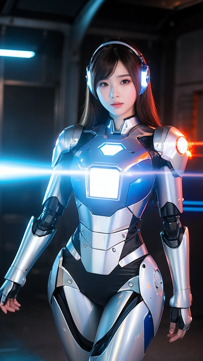 Beautiful Thai girl, Blue Iron Man Suit 90% White 10%,((Robot)),  Dressing in a revealing manner, Nude sexy, Full metal armor, (Small LED lights), Bare chin and waist, Open the abdomen, The abdomen is completely clear., Cowboy Shot, Realistic, photoRealistic, High quality, 8k, Very detailed, Masterpiece, Dynamic poses, Amazing light, Laser light, Jet plane, Sci-fi, Of the future, Bright colors, Wear a high-tech helmet, Digital HUD. Shoulder rocket launcher 