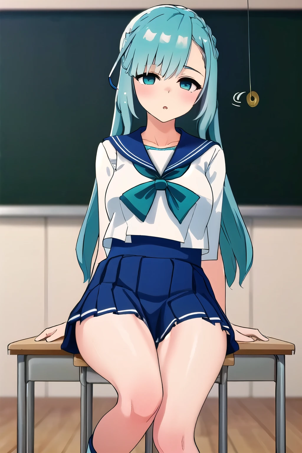 (beautiful girl), (Bright turquoise long hair:1.5), (masterpiece:1.2, Best Quality), 8k, High resolution, Very detailed:1.3, (CG), (Beautiful face), (whole body:1.7), (Full Shot:1.7), 1girl, thighs, sitting, chair, (coin on a string:1.5), (one pendulum:1.5), (girl under hypnosis:1.5), (mind control:1.5), (look at pendulum coin:1.5), (pendulum hypnosis:1.5), (Arms between legs;1.7), (School classroom:1.4), (Pendulum before her eyes.:1.5), (Sleepy eyes:1.5), (Navy blue sailor suit:1.5), (mini skirt:1.5)