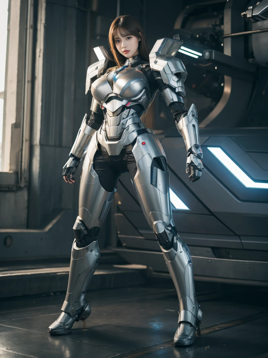 Textured skin, Superb details, High Detail, High quality, Best quality, High resolution, 1080P, hard disk, beautiful,(War Machine),ผู้หญิงไซบอร์กแสนbeautiful,Mecha cyborg girl,Battle Mode,A girl with a machine body,She is wearing a futuristic war machine outfit.,Full body shot