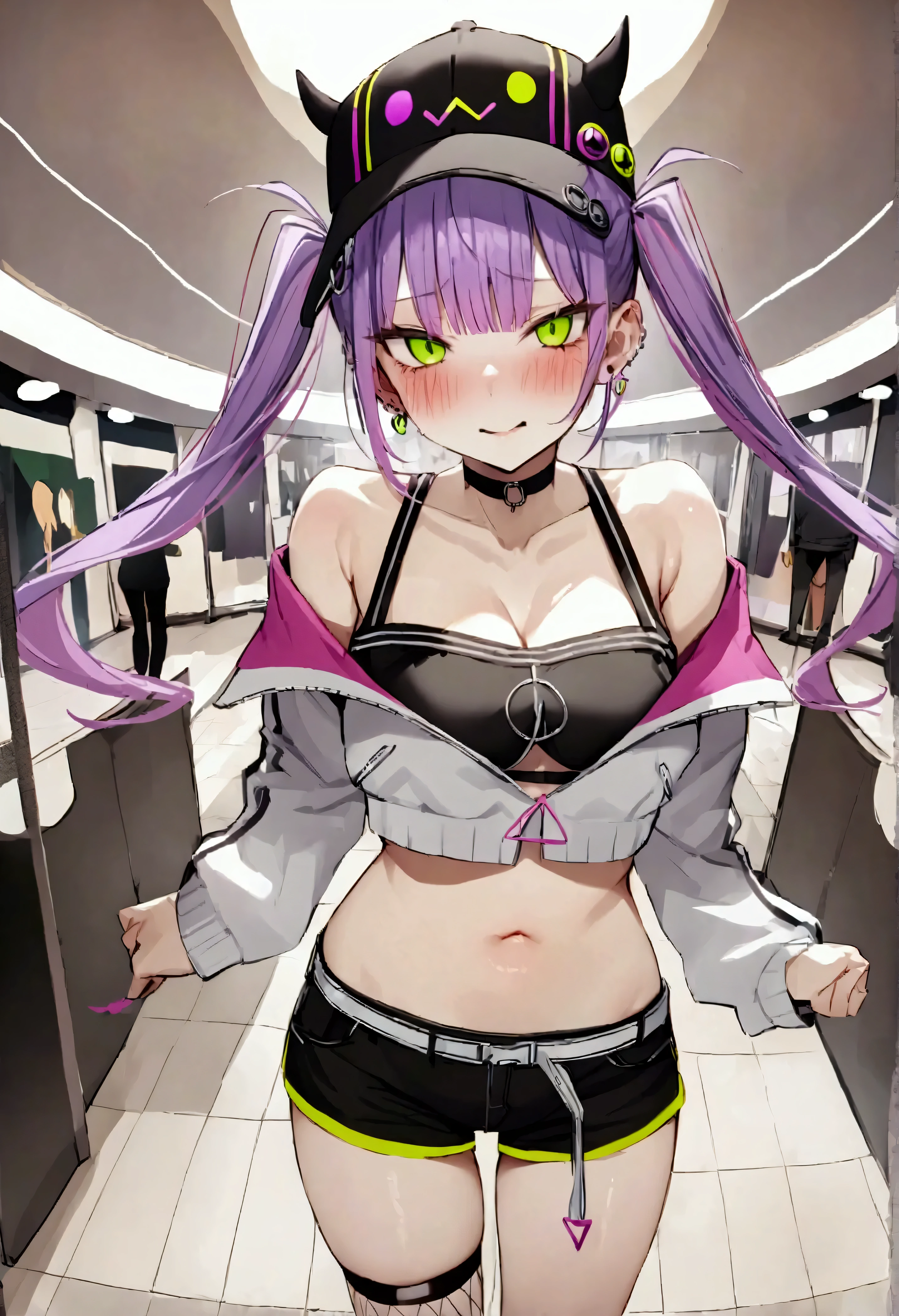 NSFW,masterpiece,Best Quality,High resolution,Very detailed,Towa Tokoyami\(Hove\),Purple Hair,Green Eyes,Twin tails、Two-tone jacket、Closed jacket、Cropped jacket、Off the shoulder、Black crop top、Black shorts、Fishnet stockings、Single knee socks、Baseball cap、Devil&#39;s Tail、Earrings,Shopping Mall,toilet,Bad Smile,blush,Lustful face,Frustrated face,Undress