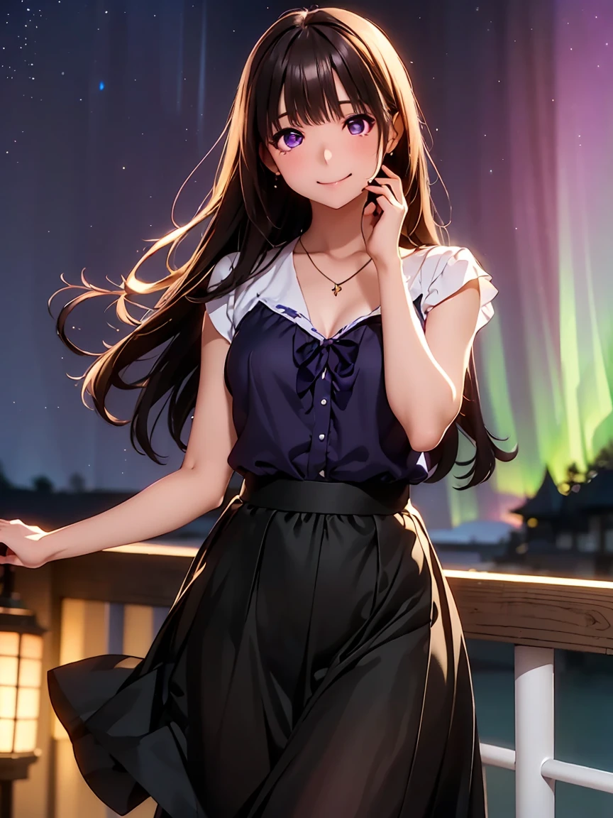 High resolution,In 8K,Best Quality,detailed,Semi-realistic anime,3D anime style,Smooth anime CG,One Girl,Japanese women,slim,Modeling,(((Shiny long hair)))，(((Beautiful aurora in the background)))，Beautiful silhouette,Starlight，((Long Skirt)),detailedな顔,Beautiful and detailed,Glowing Skin,((Female college student)),(Small breasts),(((Deep violet sparkling eyes))),(((Shut your mouth.)),((Laughter))