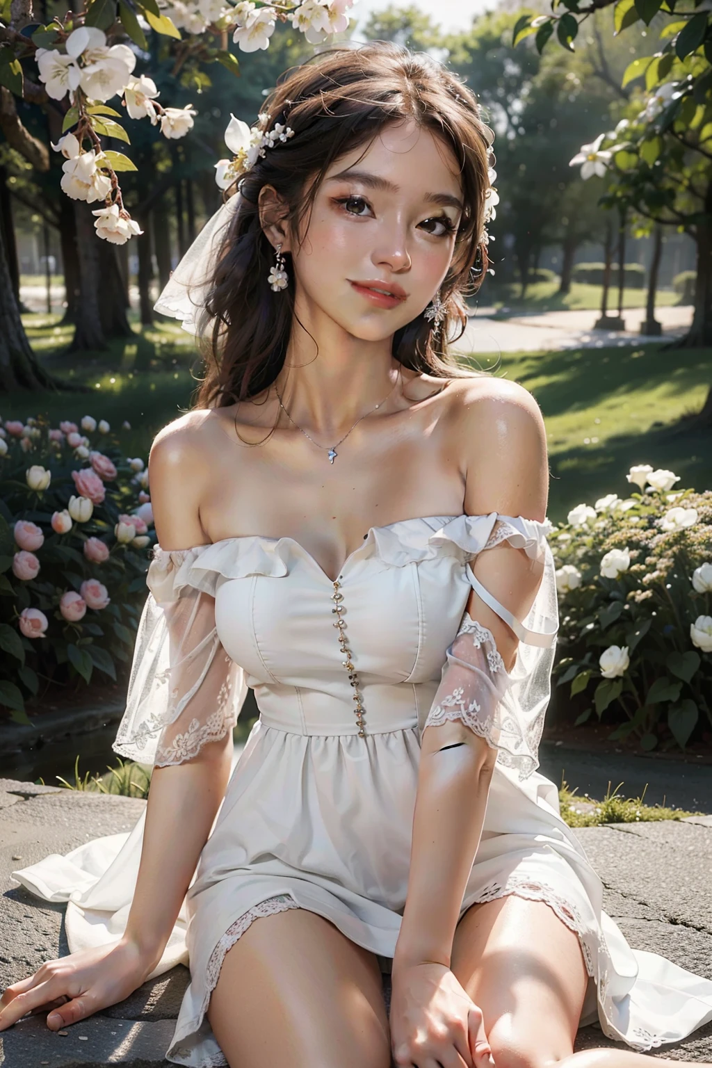 Best quality, masterpiece, ultra high res, (photorealistic:1.4), raw photo, 1girl, white dress, off shoulder, blossom flower field, glowing skin, light smile