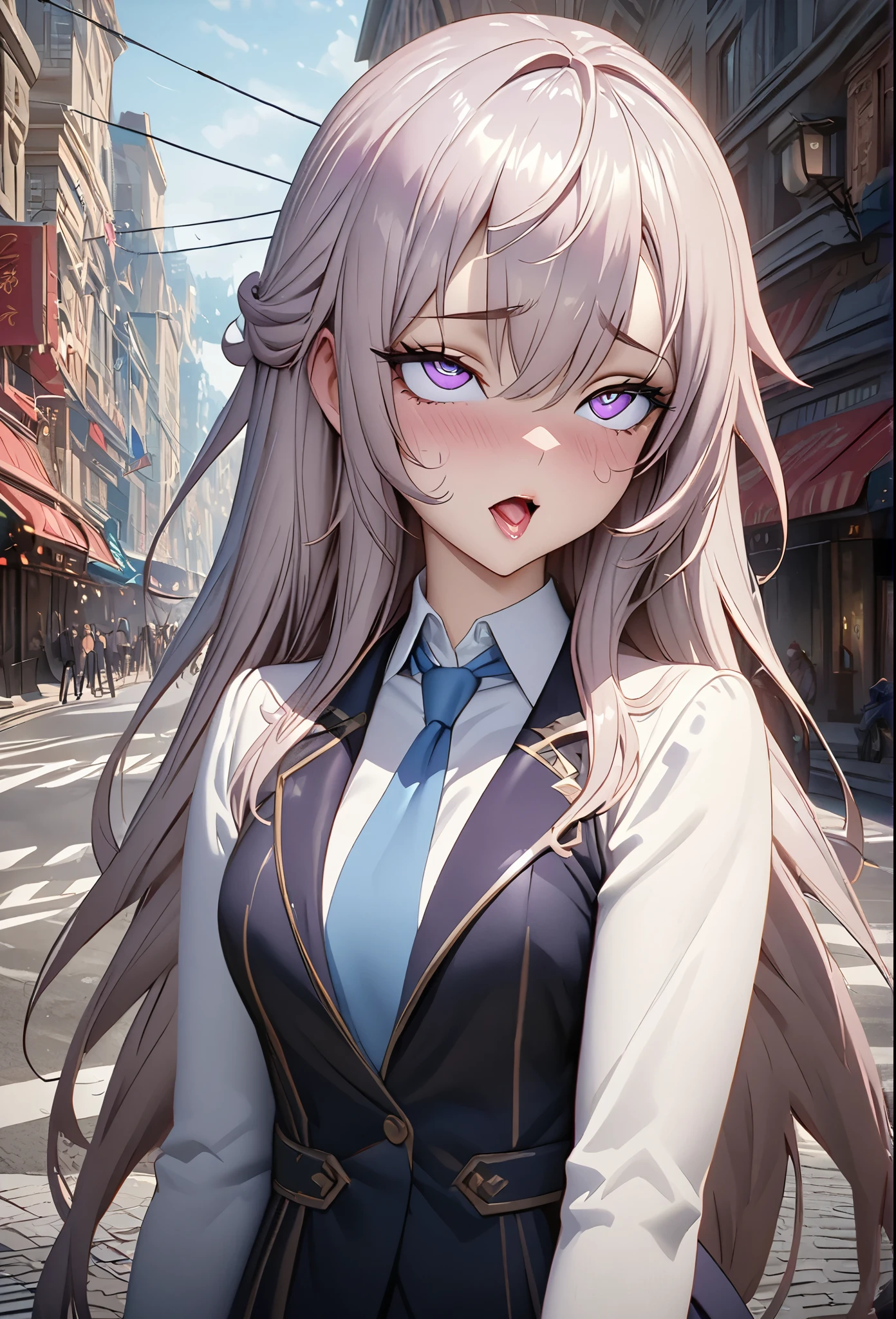 Anime girl with long hair and blue eyes standing on the city street, Hot Trends in ArtStation Pixiv, purple eyes, blue tie, fair (delicate eyes, Detailed face,) ahegao, Yuradev, Noble temperament, High heel, No watermark