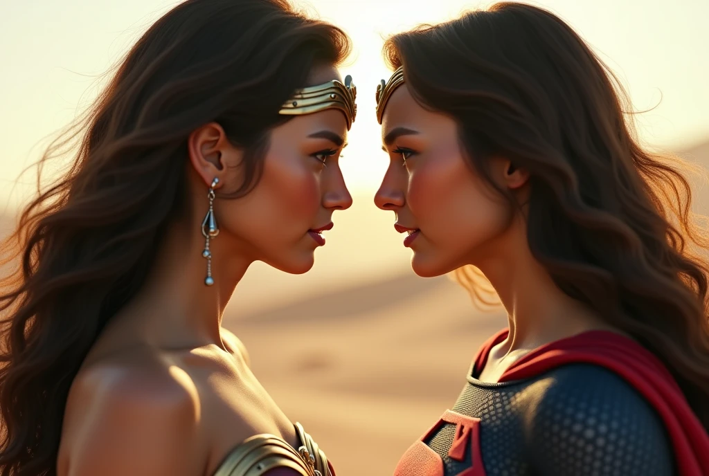 Amazon King Hippolyta embraces Wonder Woman and the silhouette of the goddess Athena looks at them from the sky