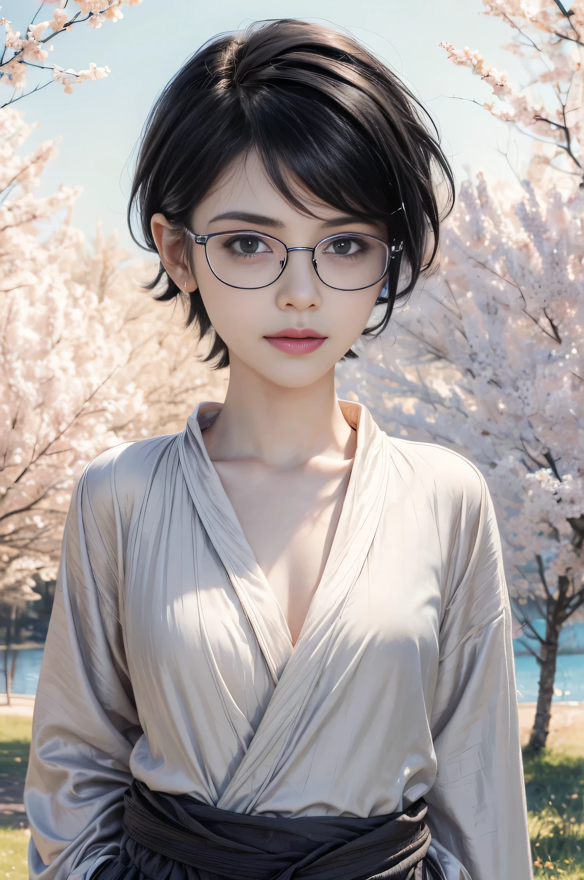 masterpiece, best quality, (realistic,photo-realistic:1.4), (RAW photo:1.2), extremely detailed CG unity 8k wallpaper, delicate and beautiful, amazing,finely detail, official art, absurdres, incredibly absurdres, huge filesize, ultra-detailed,extremely detailed eyes and face,light on face,(little smile),(wearing black framed glasses:1.5),sarada,(black hair:1.4),(very short hair:1.4),(wearing robe:1.5),(nature background:1.4)