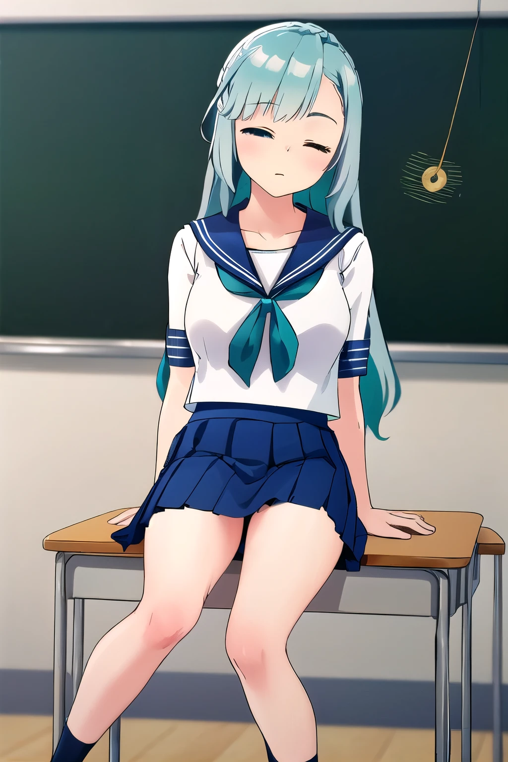 (beautiful girl), (Bright turquoise long hair:1.5), (masterpiece:1.2, Best Quality), 8k, High resolution, Very detailed:1.3, (CG), (Beautiful face), (whole body:1.7), (Full Shot:1.7), 1girl, thighs, sitting, chair, (coin on a string:1.5), (one pendulum:1.5), (girl under hypnosis:1.5), (mind control:1.5), (look at pendulum coin:1.5), (pendulum hypnosis:1.5), (Arms between legs;1.7), (School classroom:1.4), (Pendulum before her eyes.:1.5), (Eyes closed:1.5), (Asleep:1.5), (Navy blue sailor suit:1.5), (mini skirt:1.5)