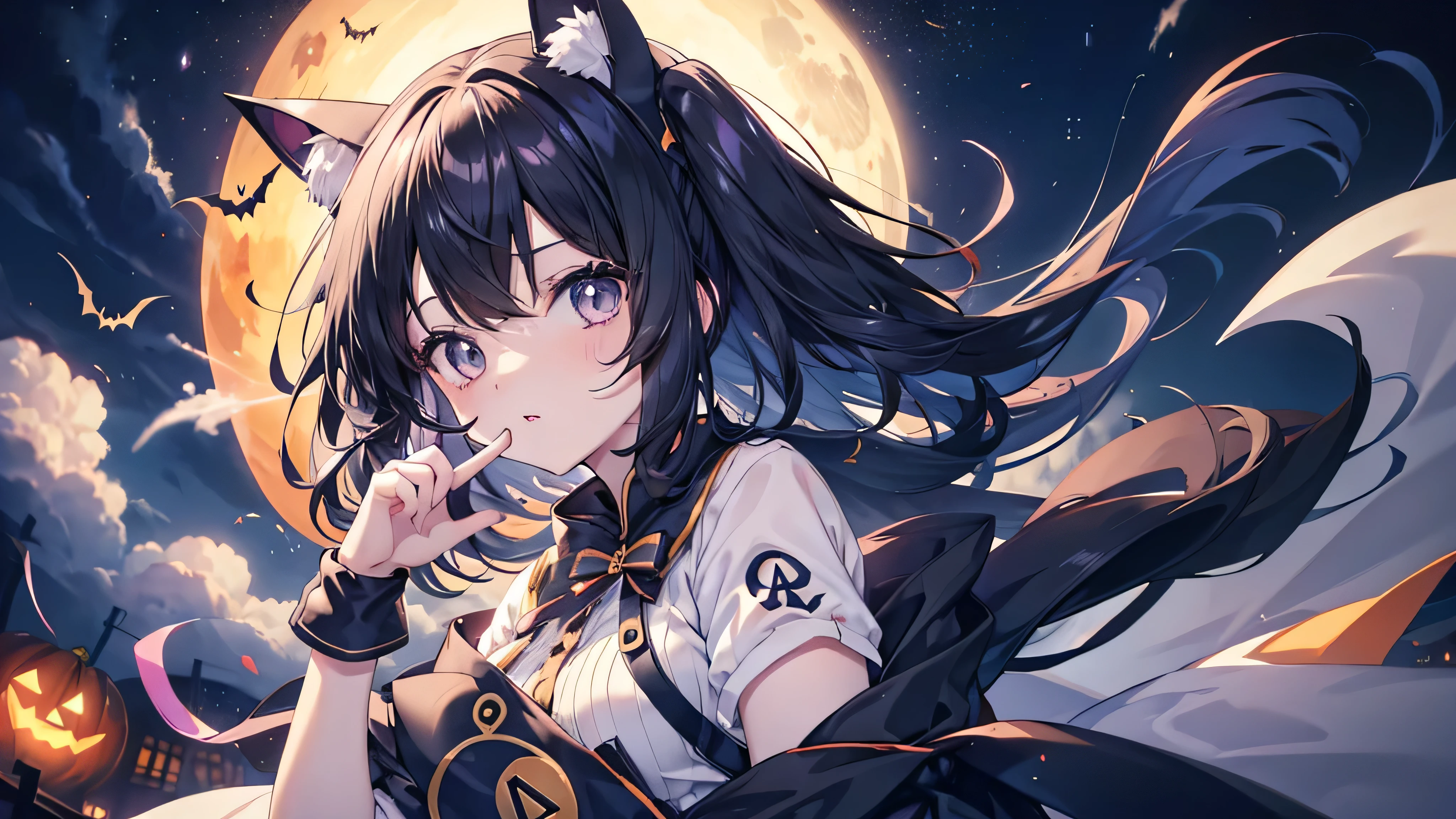 Cute anime black hair girl wearing halloween costume、White skin、dynamic、Alone、night,(Peace sign,)最高のLOL顔,LOL