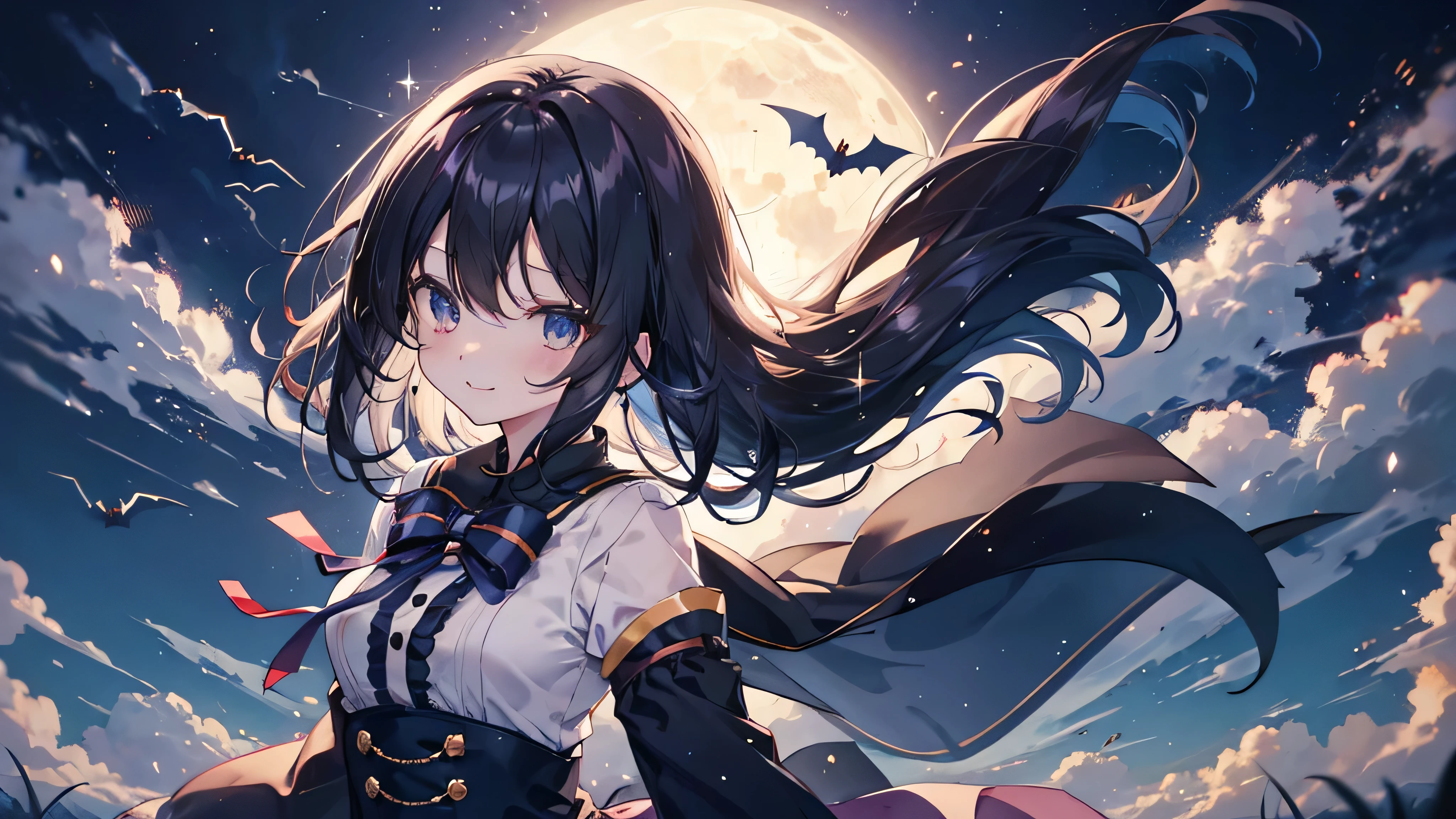 Cute anime black hair girl wearing halloween costume、dynamic、Alone、night,(Rear view,)The best smile,Laughter decorates the night sky. Lose track of time and keep dancing. Feel the magic of this moment.