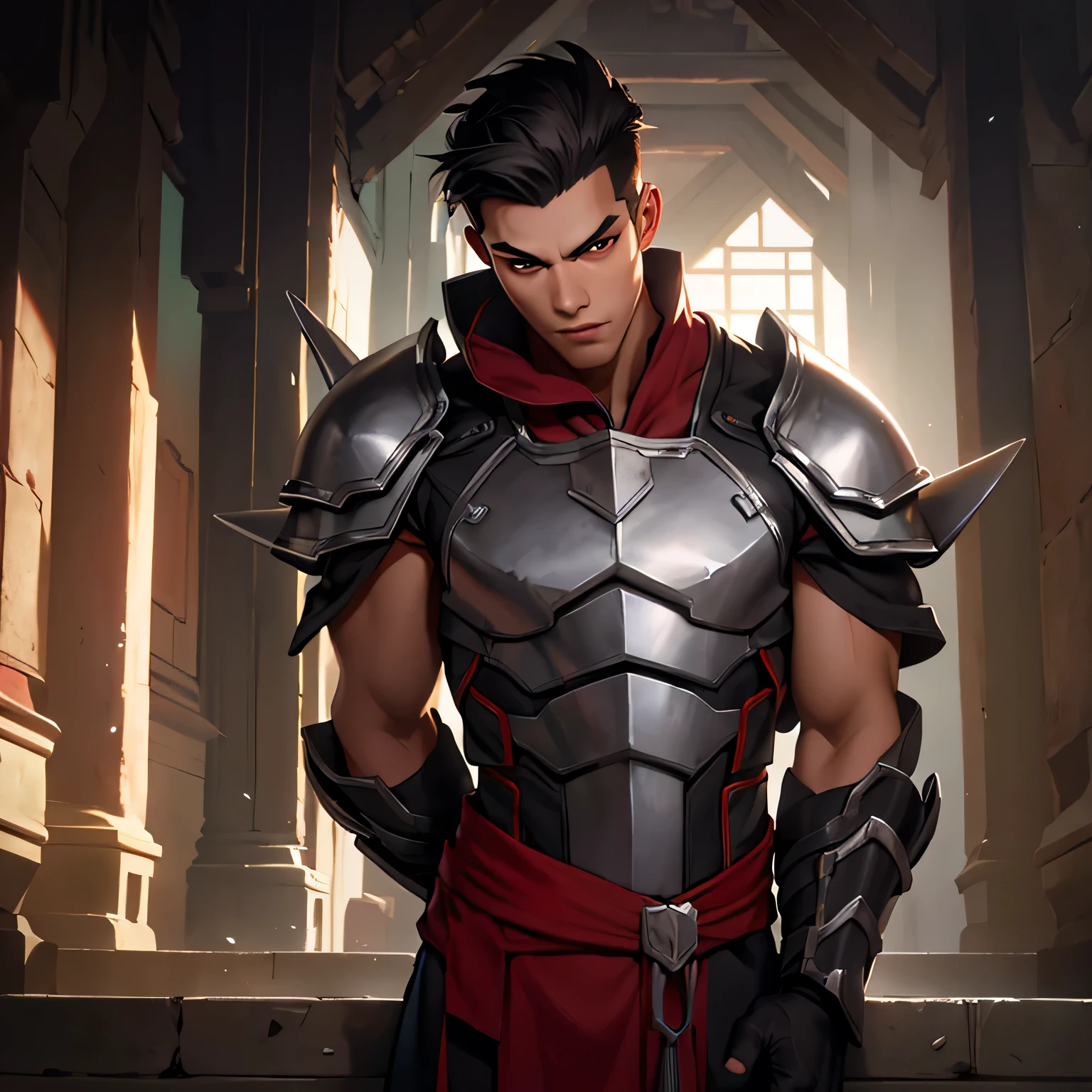 splash art of an  year old Asian boy, hair back, perfect body, perfect cute beautiful face, cute beauty, slanted eyes, wearing silver gray armor on chest and shoulder pads, dark red cloth on neck, perfect slim body, formal pose.