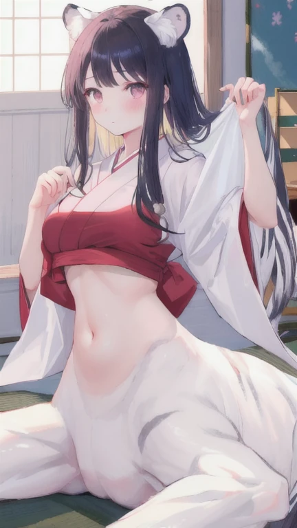 1 girl in a japanese shrine, long black hair, purple eyes, hime haircut, headband, miko shrine maiden outfit, lying on the futon in Japanese style bed room, smiling, full body, spread legs, show off anus and wareme, no panties, nsfw, (best quality,4k,8k,highres,masterpiece:1.2),ultra-detailed,(realistic,photorealistic,photo-realistic:1.37),extremely detailed face and eyes, beautiful detailed eyes, beautiful detailed lips, longeyelashes, vibrant colors, dramatic lighting, concept art style, cinematic, mystical atmosphere