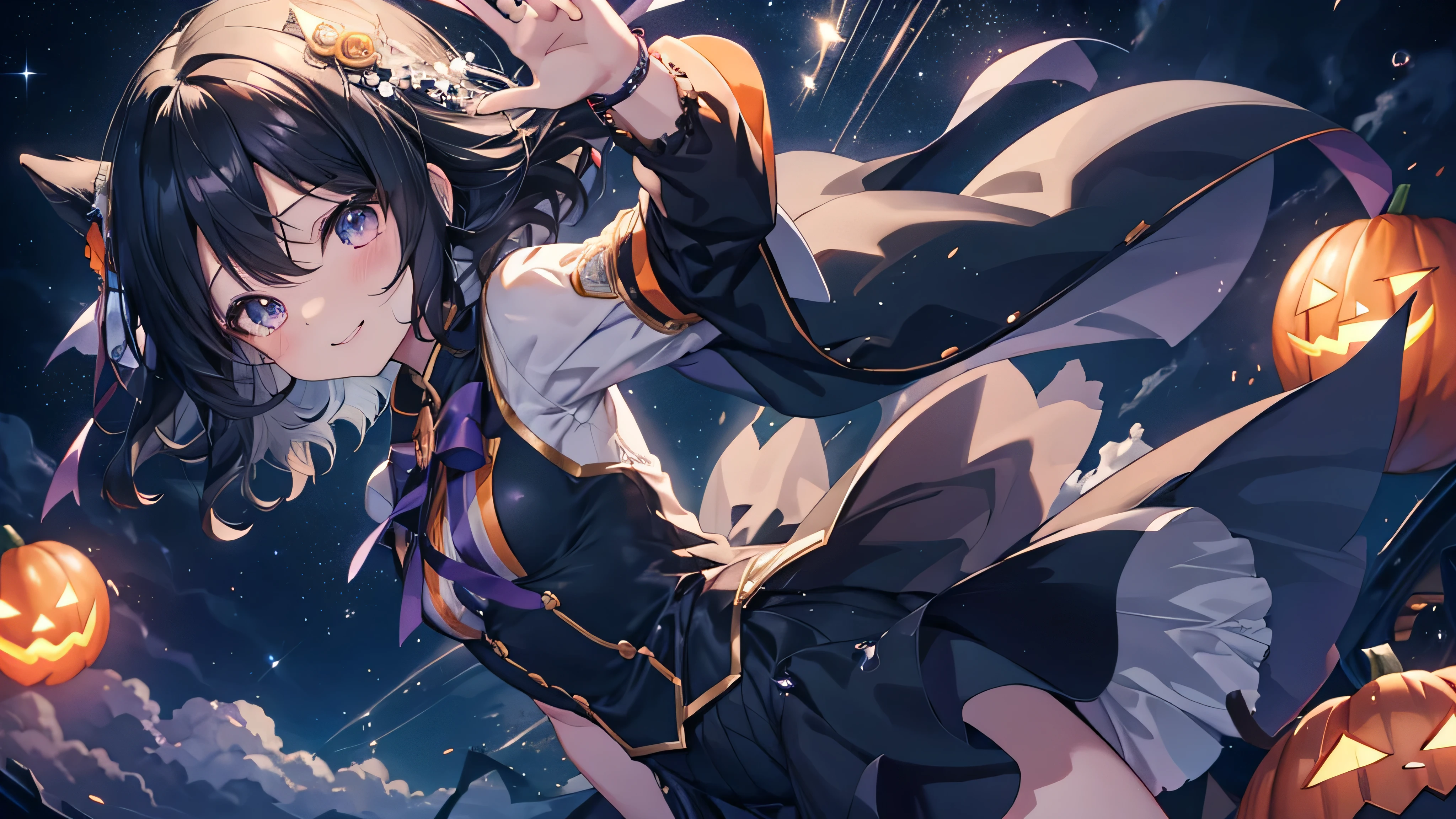 Cute anime black hair girl wearing halloween costume、magic、dynamic、solo、night,The best smile,笑い声がnight空を飾る 今だけのmagicを感じて
