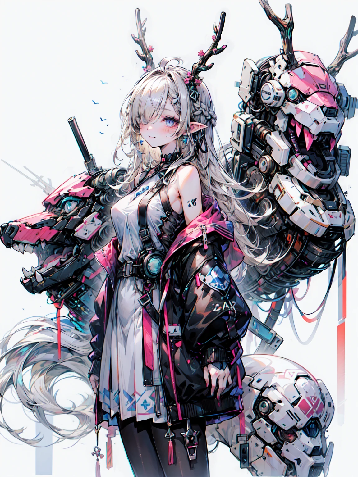 Deer ears, Branch horn, Mechanic, Mechanic body, Bull, Blue Theme,, ultra detailed, masterpiece, Best Quality, Midea, detailed,, Alone, Soft Smile, 軽いsmile,
One girl, blue eyes, 非常Long Hairの毛, Blonde, long Blonde, french braid, bangs, Medium Breast,, hair ribbon, Frill Choker, Cross Halter, Sleeveless dress, High Waist Skirt, Backless Dress, Waist ribbon, Removable sleeves, Ruffle sleeves, Wide sleeves, pantyhose, Patterned legwear, Mary Jane, Blake、（Dark Elf), (1 girl), Alone, Perfect Face, Get used to it, Ahoge, ((Long Hair:1.2)), (Hair above one eye:1.3), [[Messy Hair]], 光沢のあるBlonde, Purple eyes, Colorful eyes, Colorful Hair, Shining Eyes, (eyelash, Eyeshadow, pink Eyeshadow), bright, smile, Design Art：Haruhiko Mikimoto, Kawasaki, Yoshitaka Amano