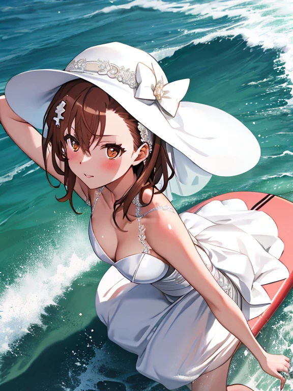 1girl, souryuu asuka langley, neon genesis evangelion, perfect body, white dress, straw hat,holding ice bar inspired penis on a stick,ice bar close to mouth,licking bar eagerly,looking up,summer beach,sea shore,cowboy shot,looking at viewer, masterpiece, best quality, very aesthetic, absurdres,