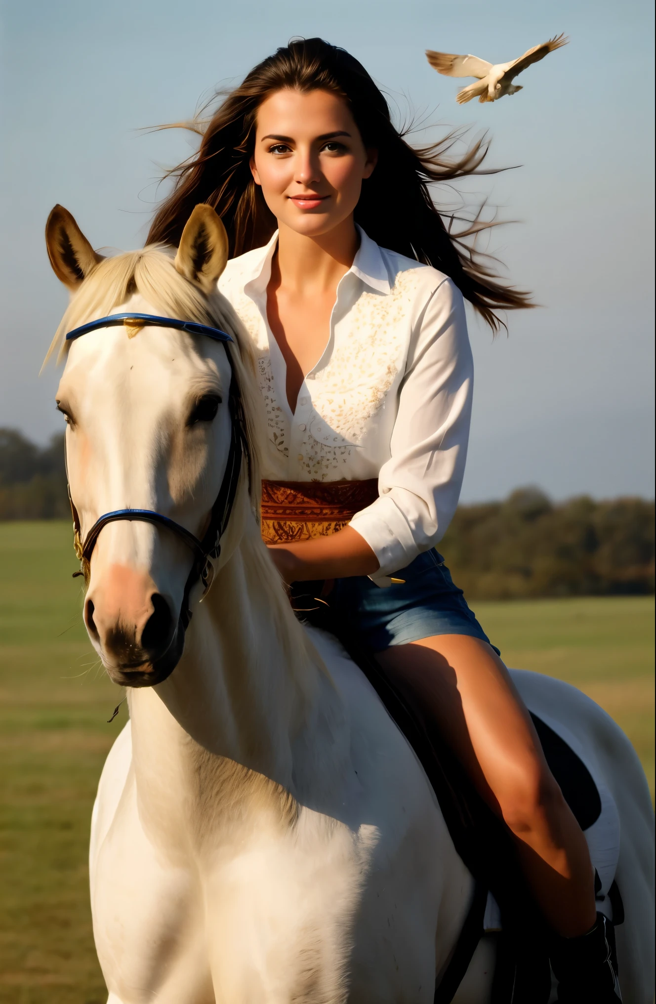 beautiful brunette girl riding a white horse with a falcon in her hands on a hunt