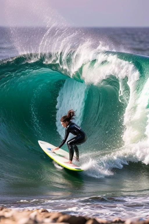  a foam world, on surfboard, Surfing the waves, a mix between woStoya and stoya-v2, surrounded with silhouettes of coffee foam, ocean waves, 