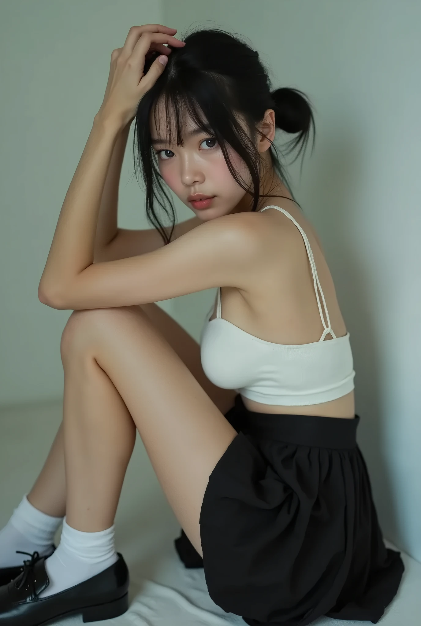 Completely nude, naked, no panties, no bra , topless , bald vagina