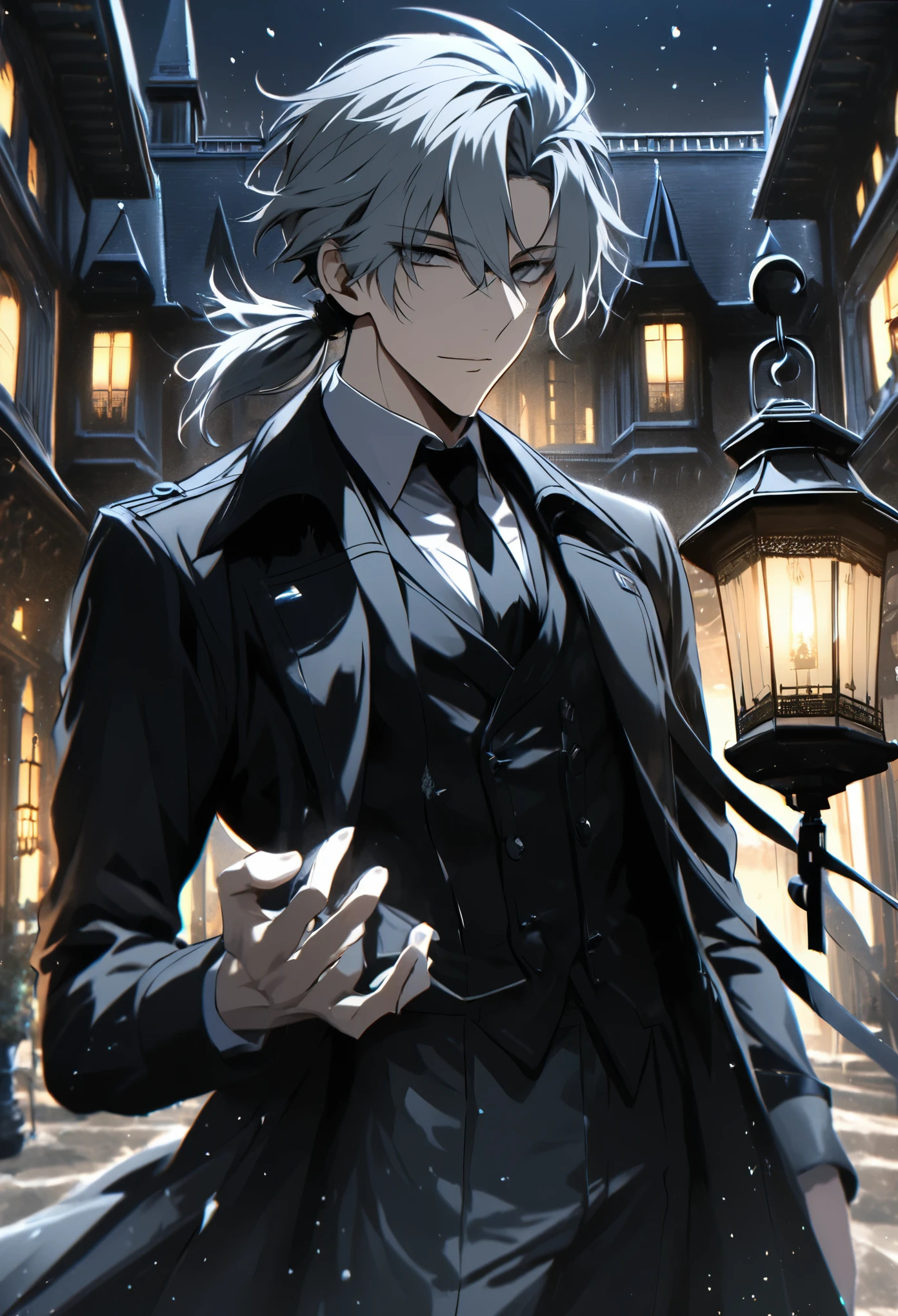 solo, handsome, 1 male, short hair, low ponytail, gray hair, gray eyes, white shirt, black tie, black trench coat, lantern, mansion