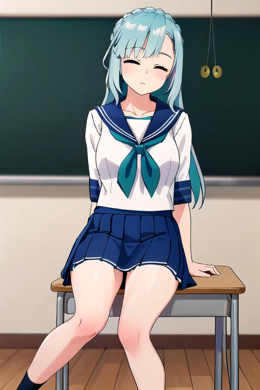 (beautiful girl), (Bright turquoise long hair:1.5), (masterpiece:1.2, Best Quality), 8k, High resolution, Very detailed:1.3, (CG), (Beautiful face), (whole body:1.7), (Full Shot:1.7), 1girl, thighs, sitting, chair, (coin on a string:1.5), (one pendulum:1.5), (girl under hypnosis:1.5), (mind control:1.5), (look at pendulum coin:1.5), (pendulum hypnosis:1.5), (Arms between legs;1.7), (School classroom:1.4), (Pendulum before her eyes.:1.5), (Eyes closed:1.5), (Asleep:1.5), (Navy blue sailor suit:1.5), (mini skirt:1.5)