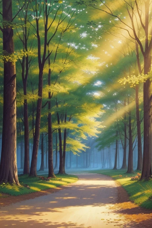 "Create a painting or illustration depicting a tranquil outdoor scene where soft winds sway the branches of tall trees under a bright sunlit sky. Focus on the interplay of light, shadow, and color to express the beauty of nature."