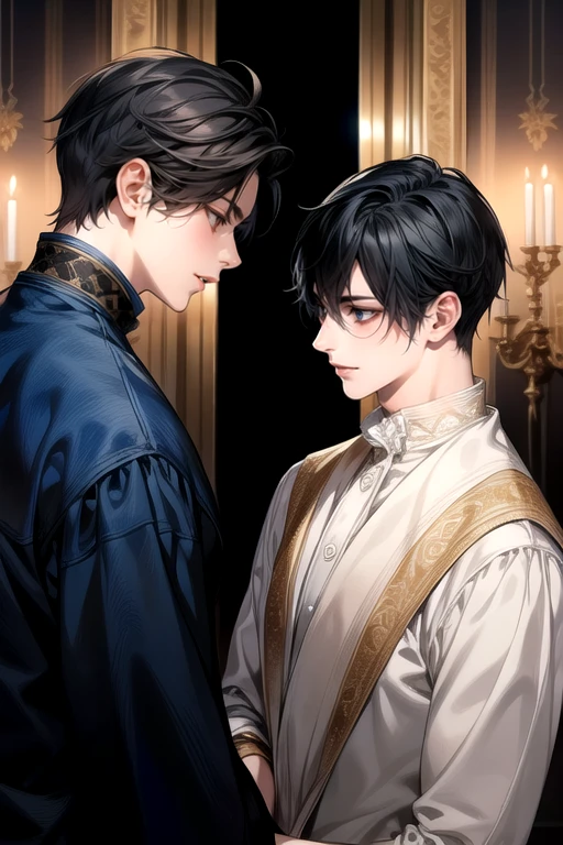 (masterpiece), (Two male, with both blue eyes and black hair), smile, cold Expression. In the dark room. Light from the side. Dark and gold theme. Not looking at each other