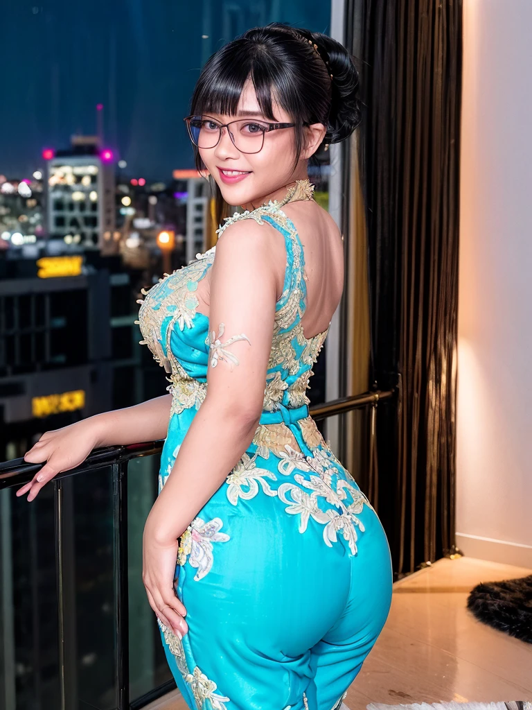 Woman, Wearing Glasses,Big Smile, (((Large Tits And Large Ass))), wide hips, (((legs))),  (((Kebaya Suit))),  ponytail with bangs, neon city, night, best lights, sexy, Asian, photographed on a Canon EOS R5, 50mm lens, F/2.8, HDR, Smooth, ((Masterpiece)), Best Quality