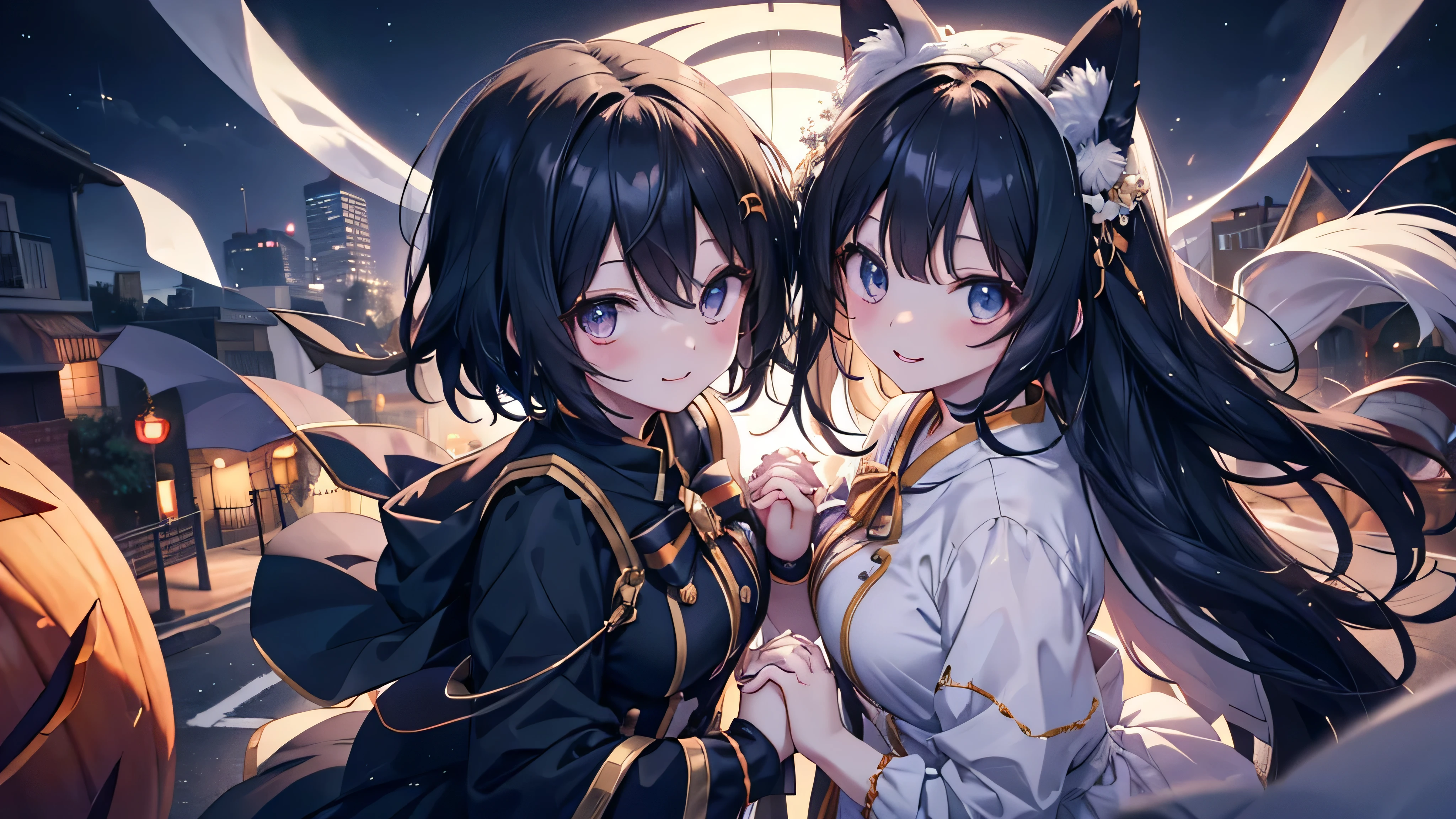 Cute anime black hair girl wearing halloween costume、White skin、dynamic、solo、night,(Top view,)The best smile,Walking down the street holding hands with friends in costume