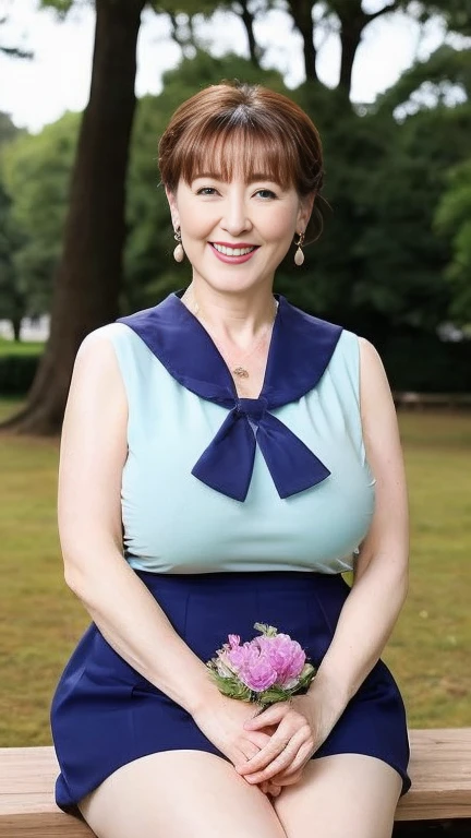 Japanese Mature,(48 years old:1.2),White skin,(plump body,Large Breasts,Emphasizes plump thighs:1.5),(sailor jupiter, bow, neck ribbon, bangs, long hair, circlet, jewelry, flower earrings, ponytail,Wearing high heels:1.2),(Standing in the park,Full body shot from head to toe,full body:1.2),looking at viewer,smile,surrealism, depth of field, from below, Sony FE, 8k