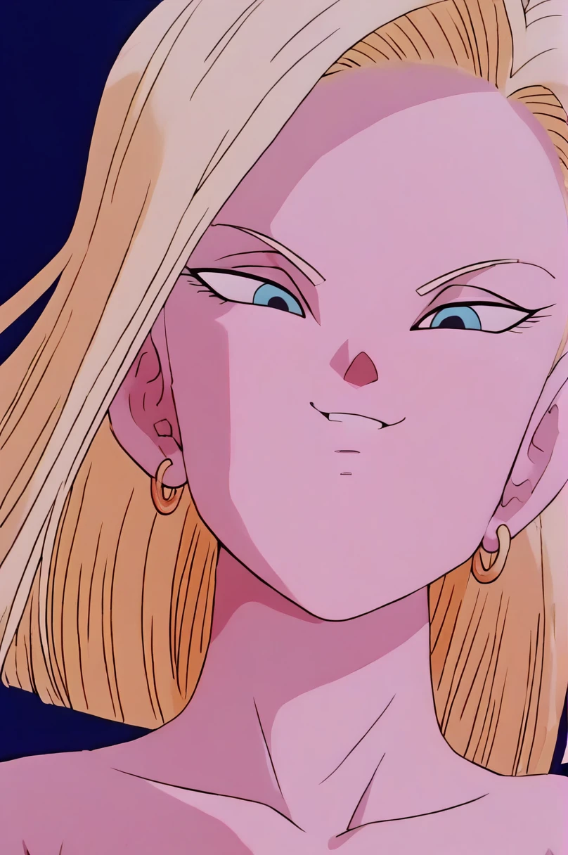 android 18, flat breast, female , cheeky, half-closed eyes, look down, smug, close teeth, point, best quality, very aesthetic, ultra-detailed, best illustration,from behind