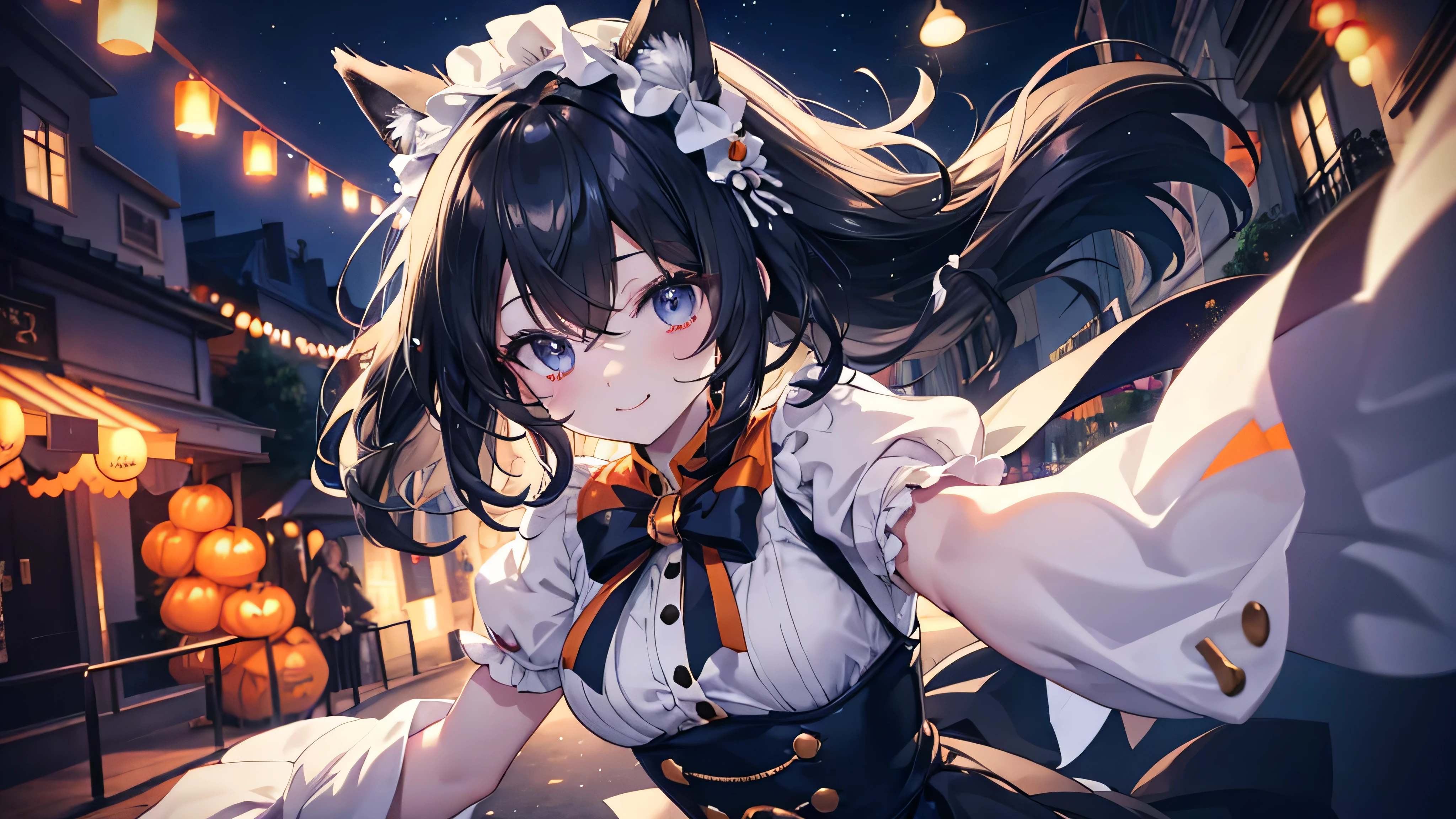 Cute anime black hair girl wearing halloween costume、White skin、dynamic、solo、night,(Top view,)The best smile,Walking down the street holding hands with friends in costume