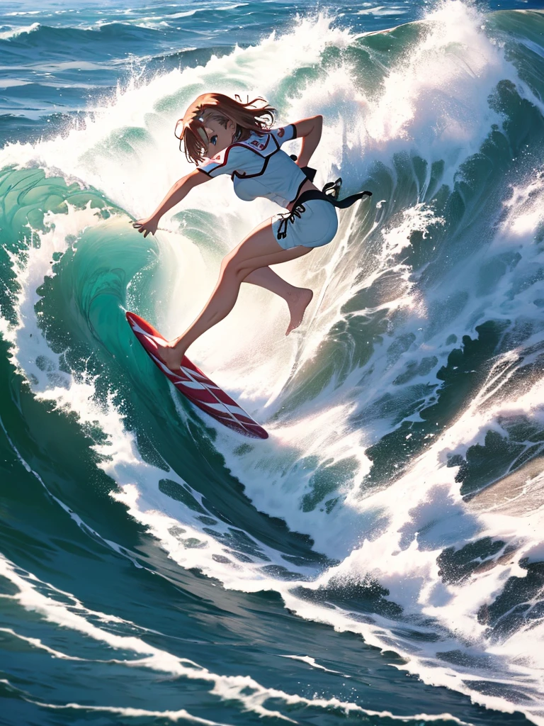 (((NSFW STILL SHOW, Acutance, healthy body))), a Surfer girl in white swimsuits, (((engaged in the act of surfing, riding on the waves with surfboard))), ((nipple:-0.8)), glistening tanline, under the mesmerizing back lighting. Whole Body proportions and all limbs are anatomically accurate .