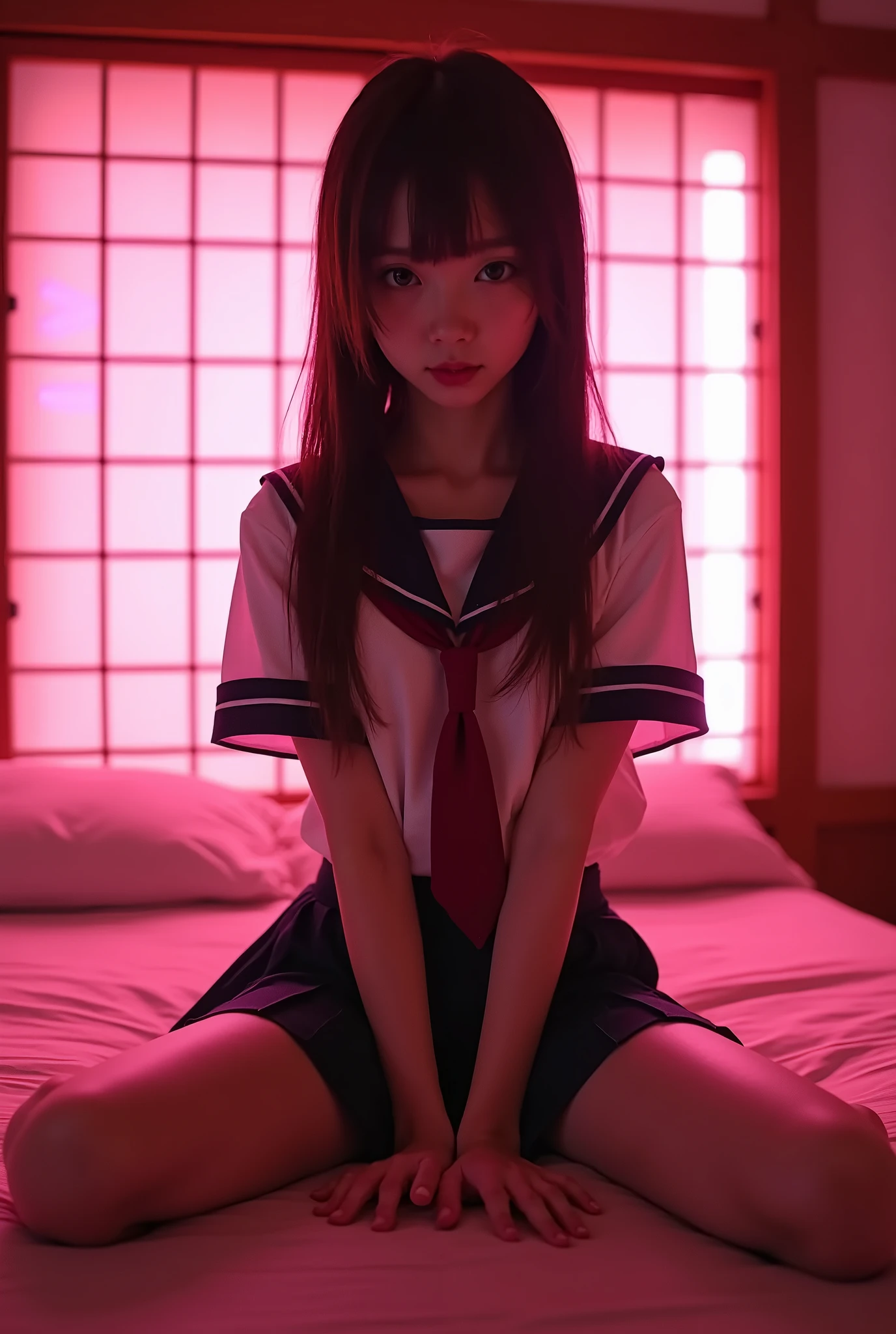 (18 year old Japanese high school girl))　((Plump and glossy lips))　Saggy breasts　((Brown Hair))　((Looking into the camera))　Sit with your legs apart　((Schoolgirl uniform))　Low angle shot of a person standing facing forward　Looking down　((A bedroom with a shoji screen and tatami mats、Illuminated by pink neon lights))　(((( Spread your legs in an M shape、Look at the vagina:1.2))))