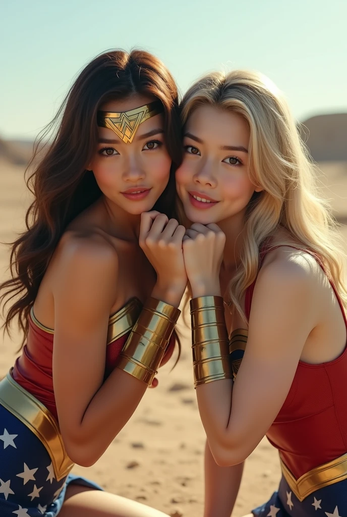 young beautiful Thai woman, blond hair, bodybuilder physique, as Wonderwoman, at the beach, masterpiece, best quality, ultra-detailed, solo, outdoors, cheerful, happy, (look at viewer:1.2) (skin texture)