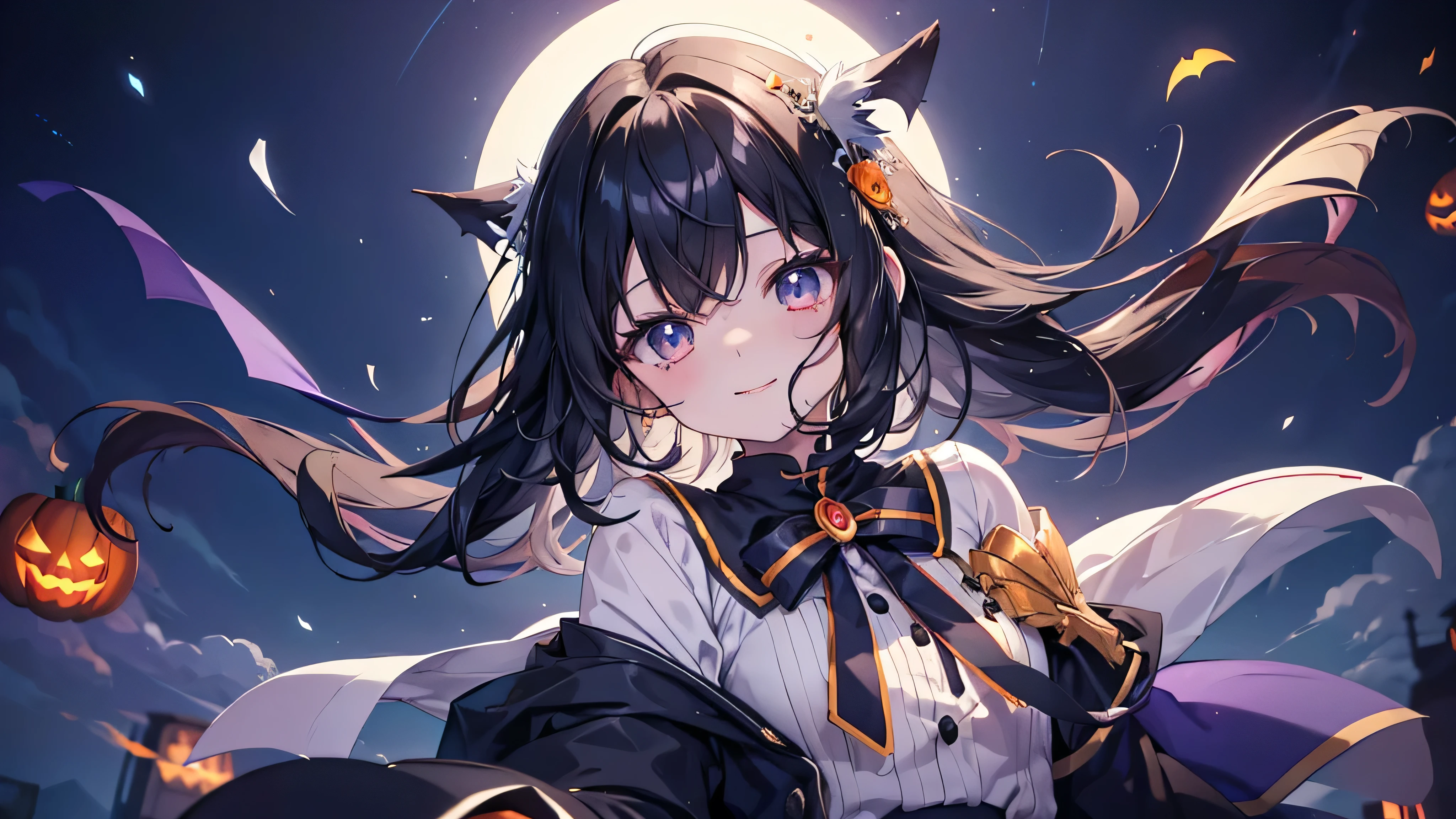 Cute anime black hair girl wearing halloween costume、White skin、dynamic、solo、night,（Top view,)The best smile,The little witch smiles and dances with you