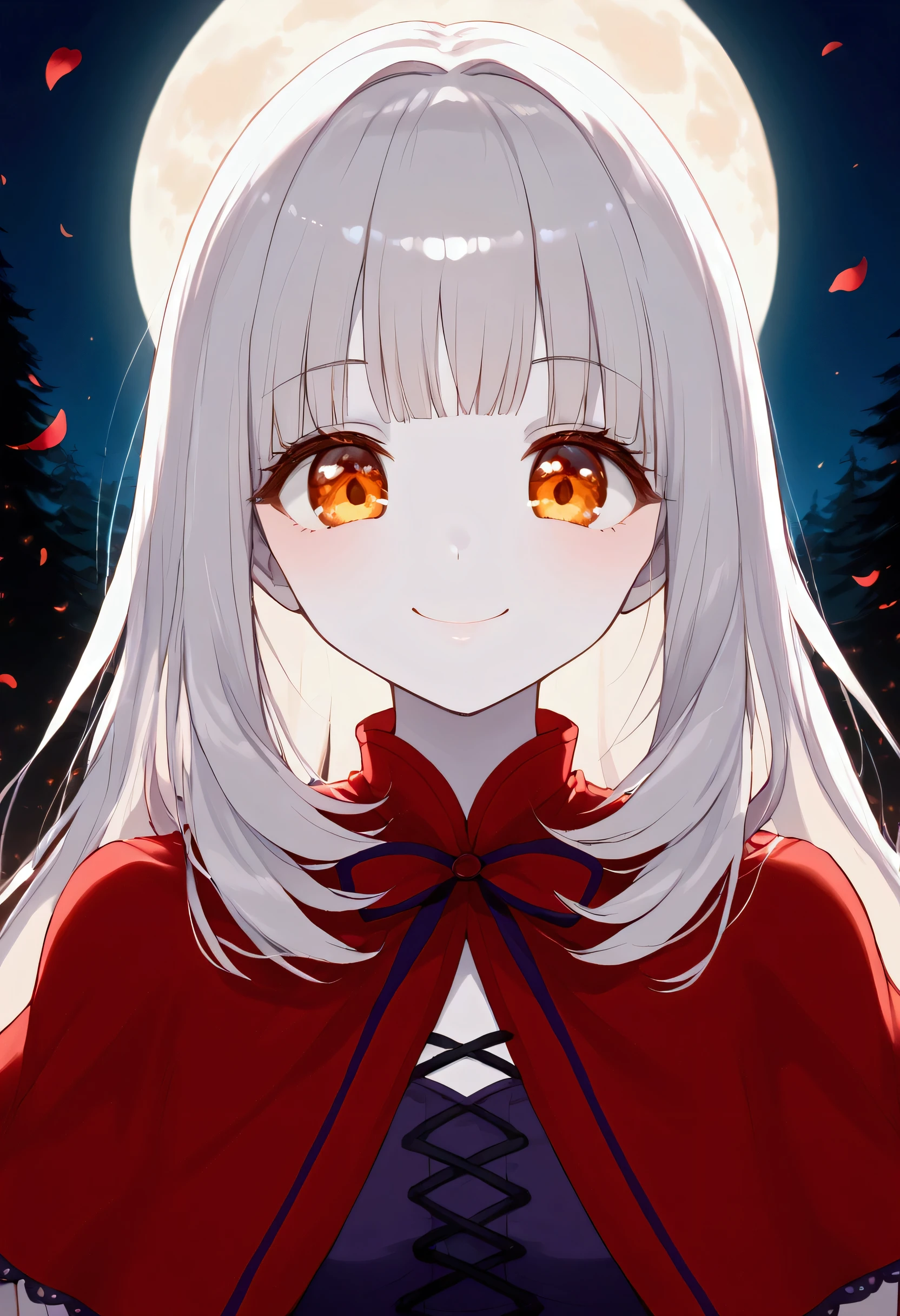 nai3, close up, masterpiece, best quality, bokeh, cute, 1girl\(devil,cute,big eyes,white skin,pale skin,evil smile,long nail,orange eyes,looking down,wearing capelet\(big,long,Tattered\), backlit,full body\),refreshing mood,petals\(colorful,beautiful,in the air\),many dead trees, in the forest,close-up shot of girl, beautiful moon