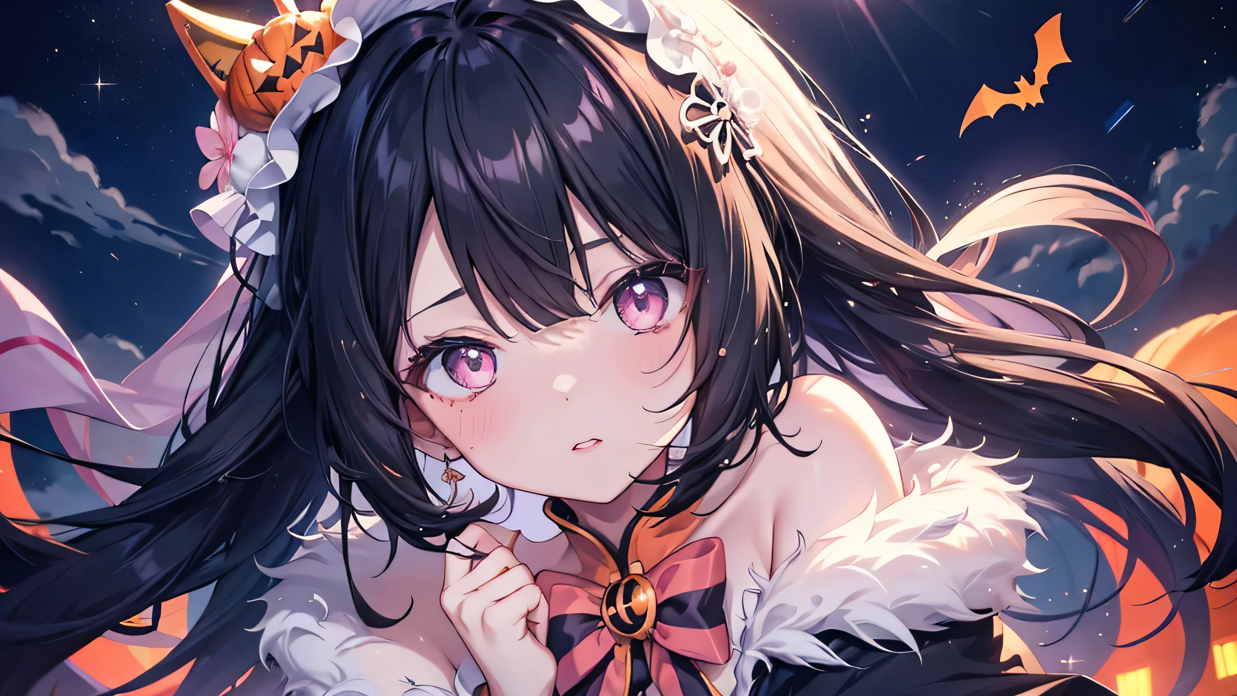 Cute anime black hair girl wearing halloween costume、White skin、Pink Lips、solo、night,（Top view,)