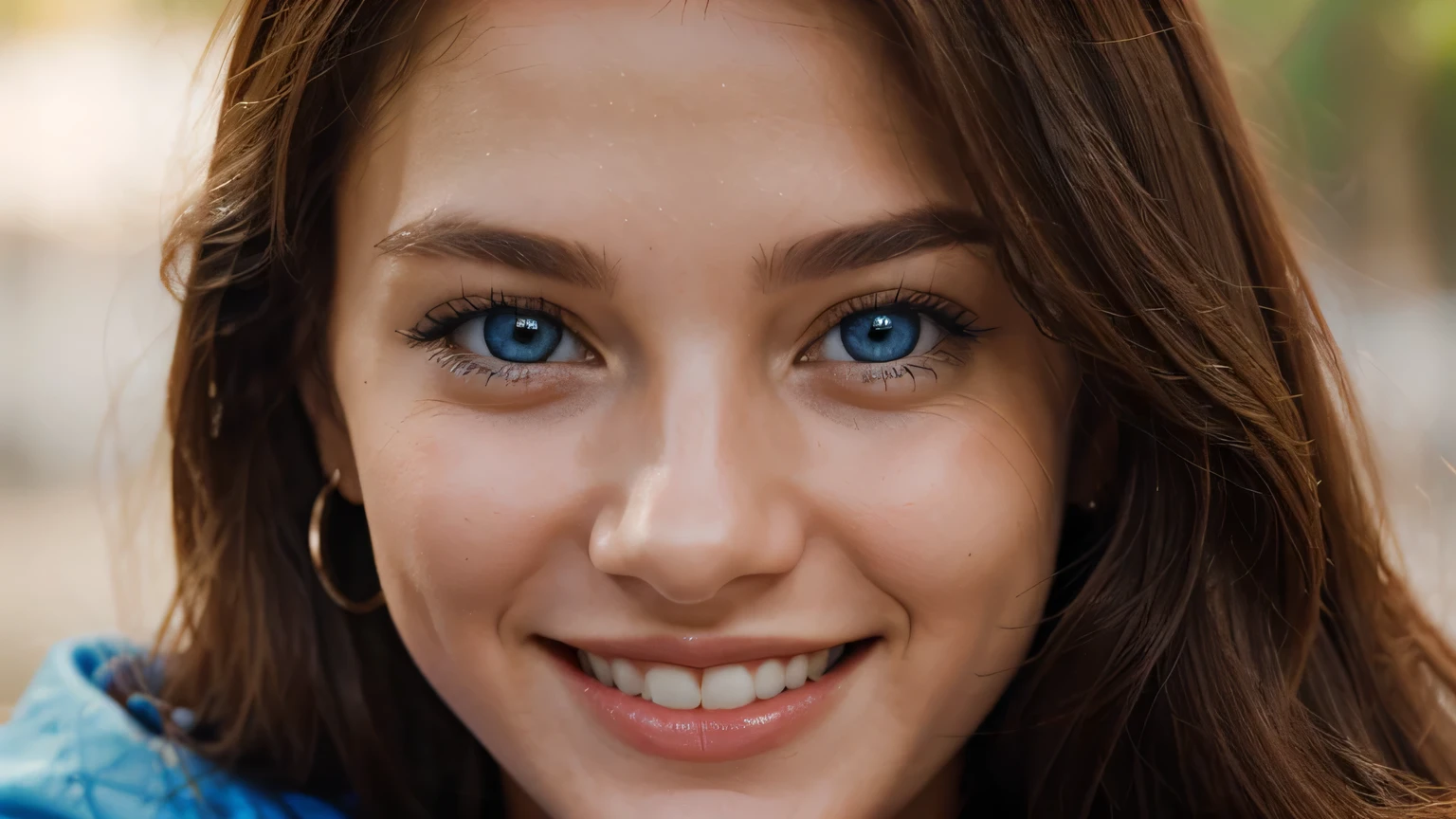 Slim woman face, large eyes, blue eyes, smiling eyes, splattered nose, long light brown hair, small mouth, long thin neck