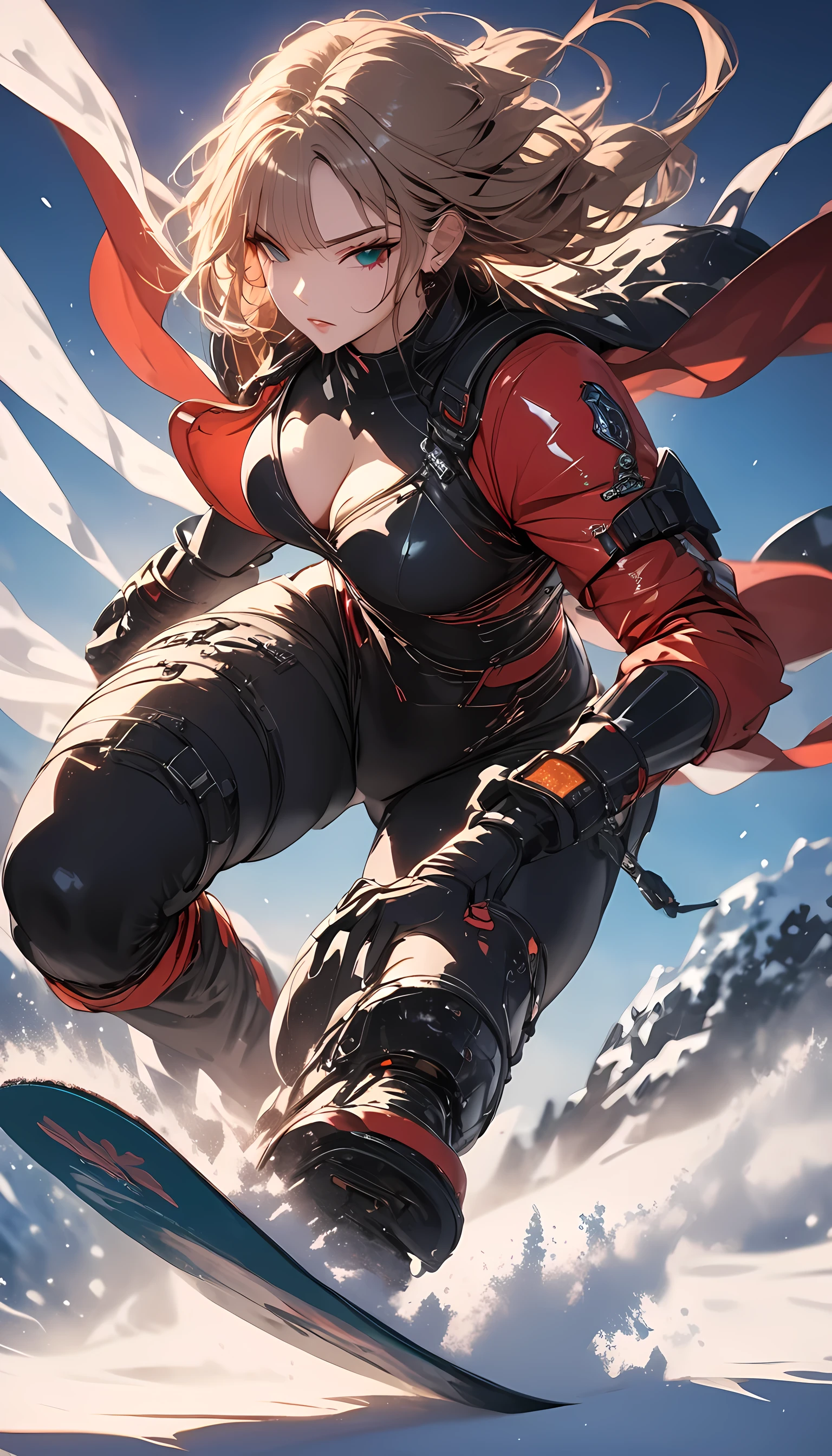 high details, best quality, 16k, [best detailed], masterpiece, best quality, (extremely detailed), photorealistic, fantasy art, RPG art, a picture of a mech girl, full body, wearing red mech suit, surfing on snowboard, in the snow, epic beautiful human woman (best details, Masterpiece, best quality), ultra detailed face (best details, Masterpiece, best quality), dynamic hair, green eyes, mech suit, tight mech suit, (best details, Masterpiece, best quality), snowy mountain background, anime, action shot