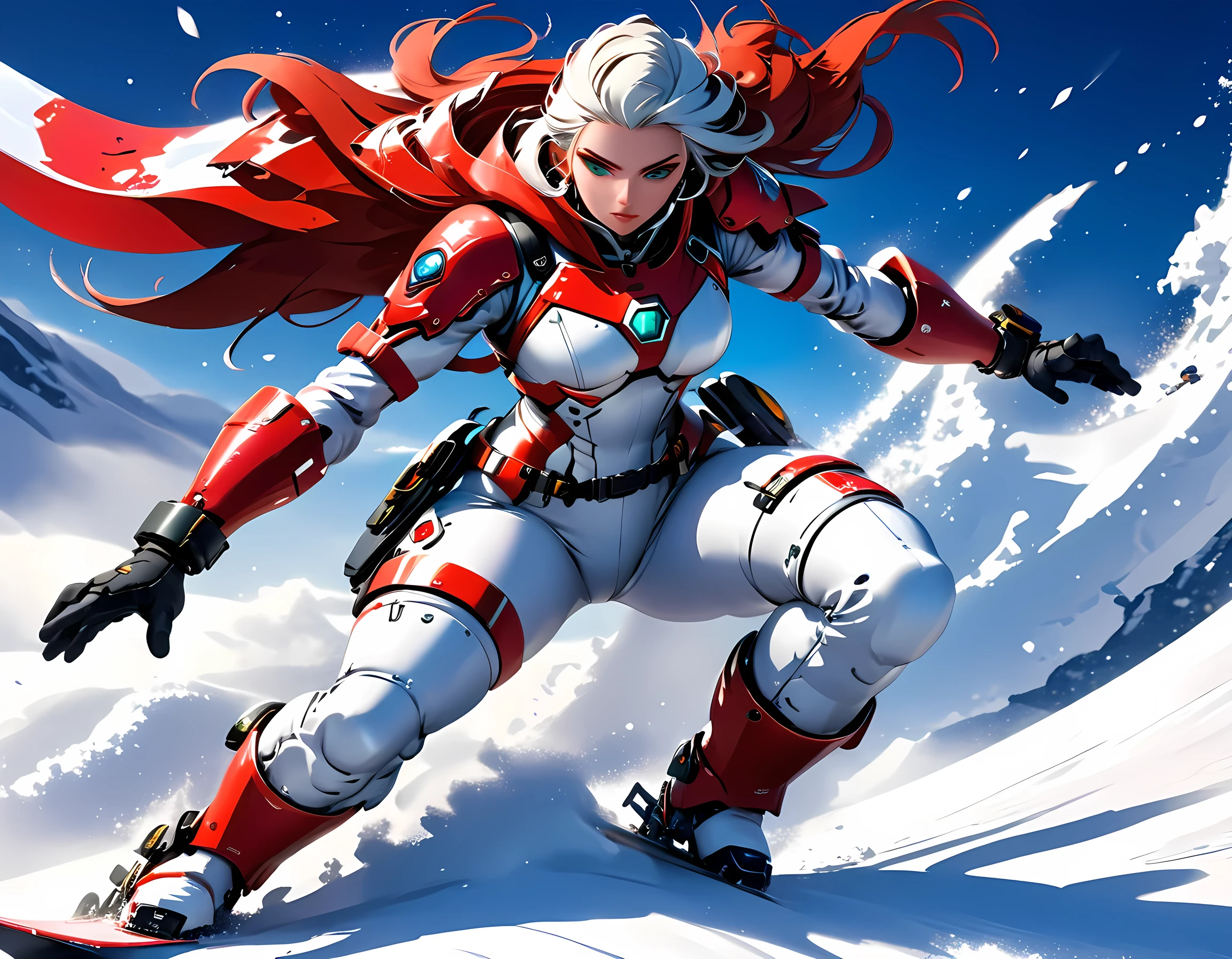 high details, best quality, 16k, [best detailed], masterpiece, best quality, (extremely detailed), photorealistic, fantasy art, RPG art, a picture of a mech girl, full body, wearing red mech suit, surfing on snowboard, in the snow, epic beautiful human woman (best details, Masterpiece, best quality), ultra detailed face (best details, Masterpiece, best quality), dynamic hair, green eyes, mech suit, tight mech suit, (best details, Masterpiece, best quality), snowy mountain background, anime, action shot